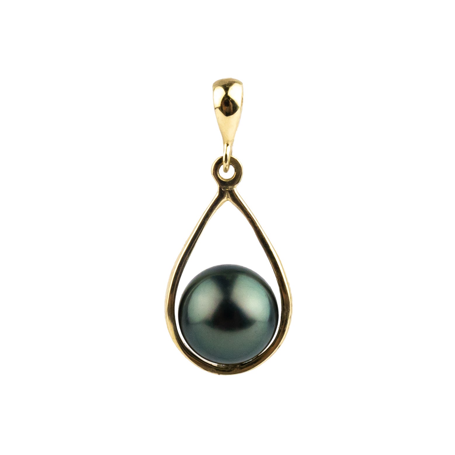 Dark Green Tahitian Pearl Teardrop Pendant on 14K Yellow Gold