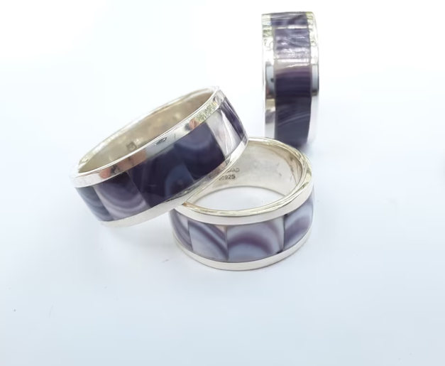 Wampanoag Shells Full Band Sterling Silver Wampum Inlay Ring