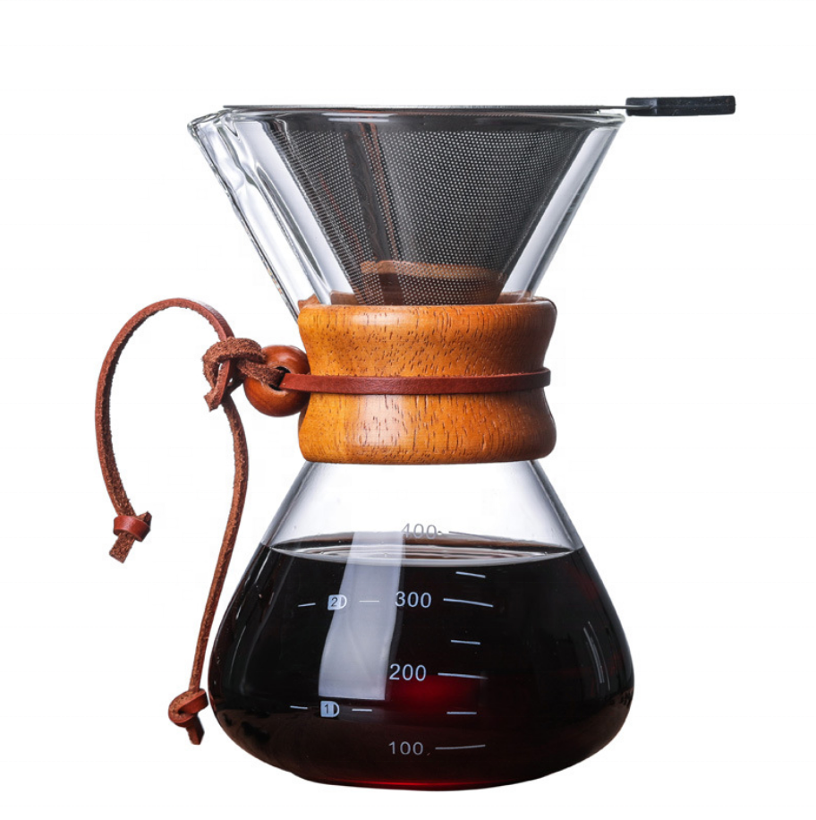 Good Wish Coffee Wooden Glass Pour Over Coffee Maker with Stainless Steel Filter, - 400ML