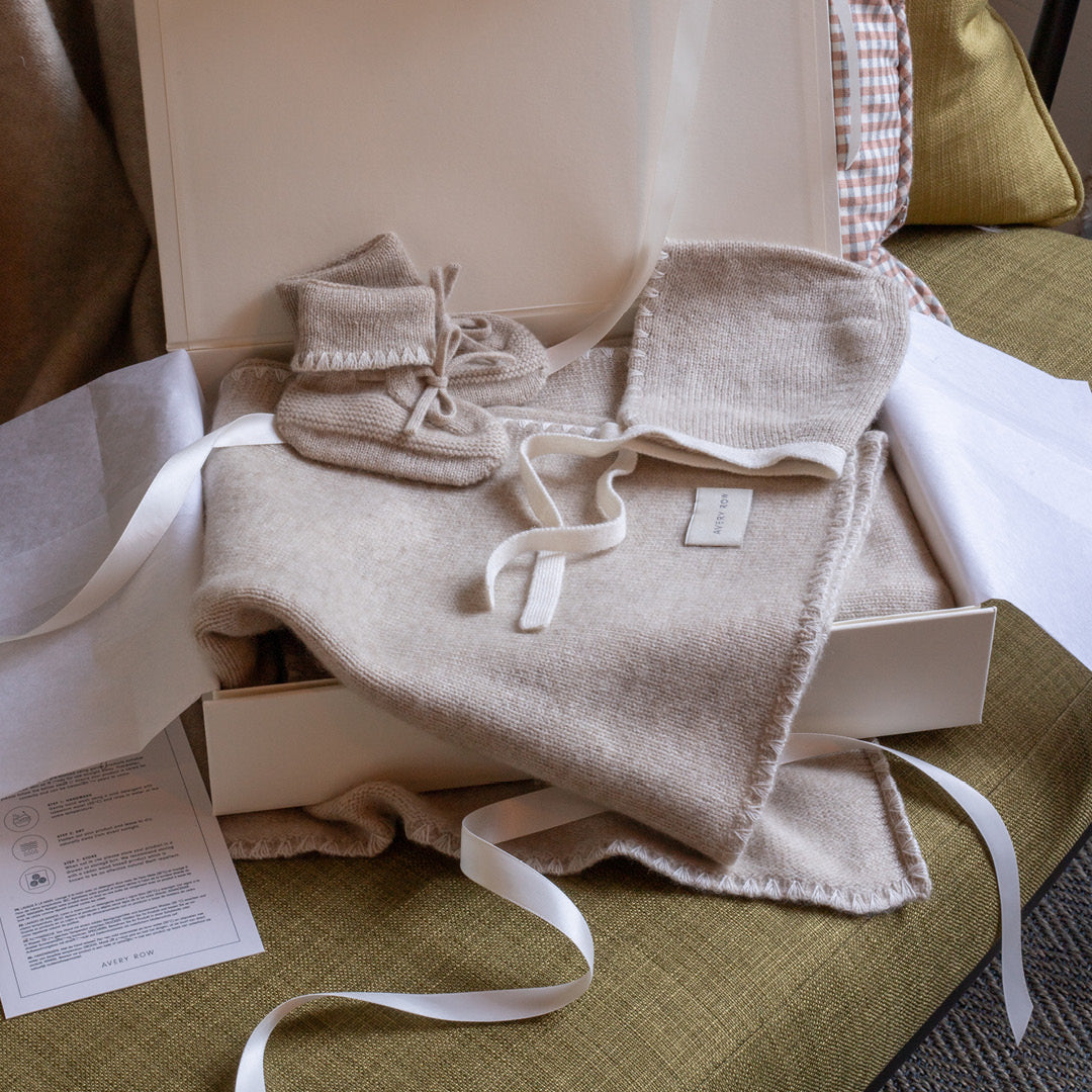 Avery Row Cashmere Blanket, Bonnet & Booties New Baby Gift Set - Oatmeal