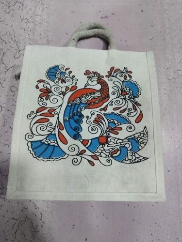 P.M. Handloom Peacock Printed Jute Shopping Bag