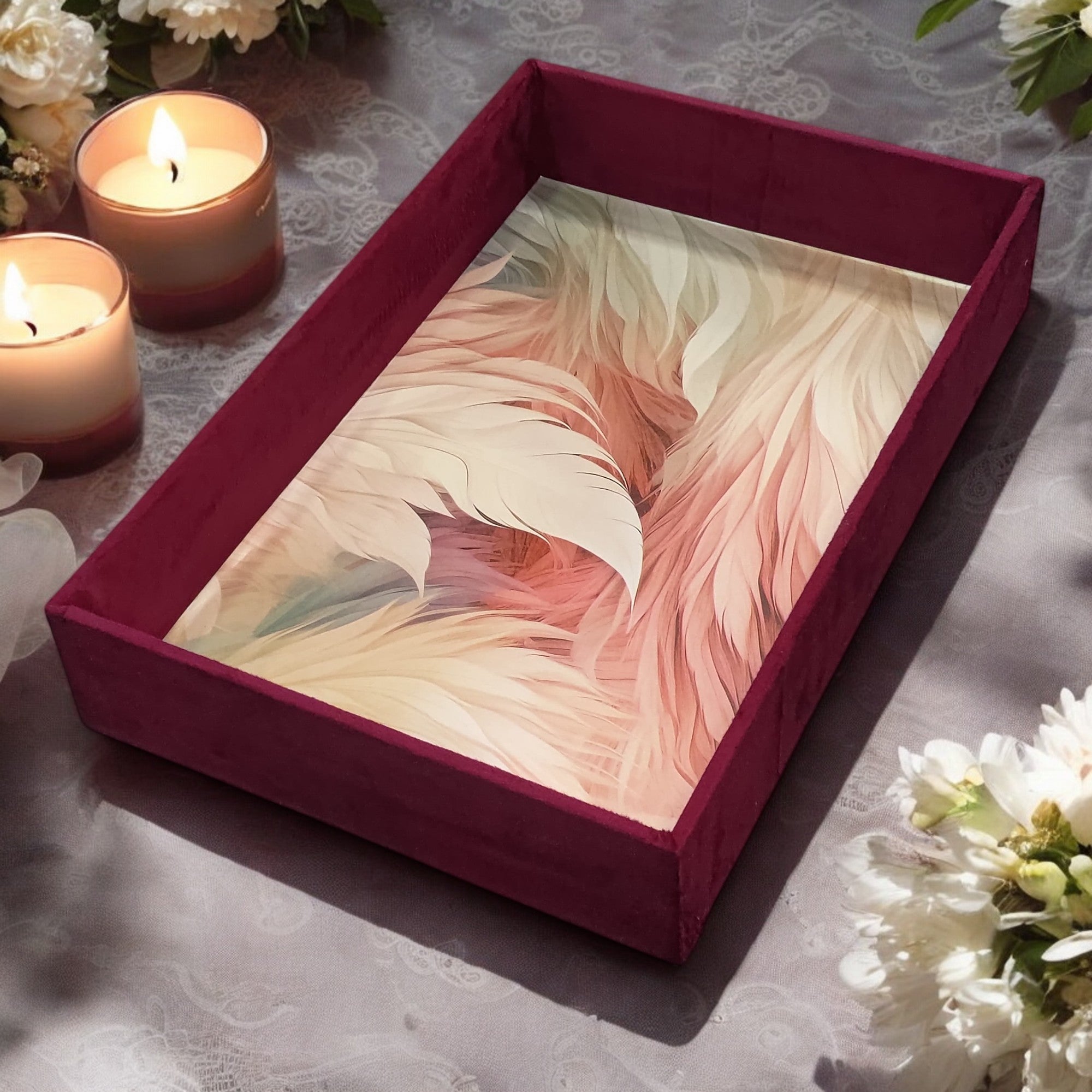 Beautiful MDF Velvet Multipurpose Gifting Tray / MAROON / PACK OF 1 / 02