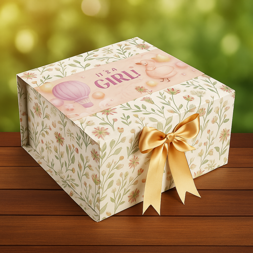 Baby Shower Gift Box |Rigid foldabel box | Gift Hamper Boxes For Packaging, Satin Ribbon Hamper Boxes | Gift Cardboard Box Empty Gift Hamper Box Reusable Gift Boxes | Foldabel Box | 8x8x3.5 inches / 1028
