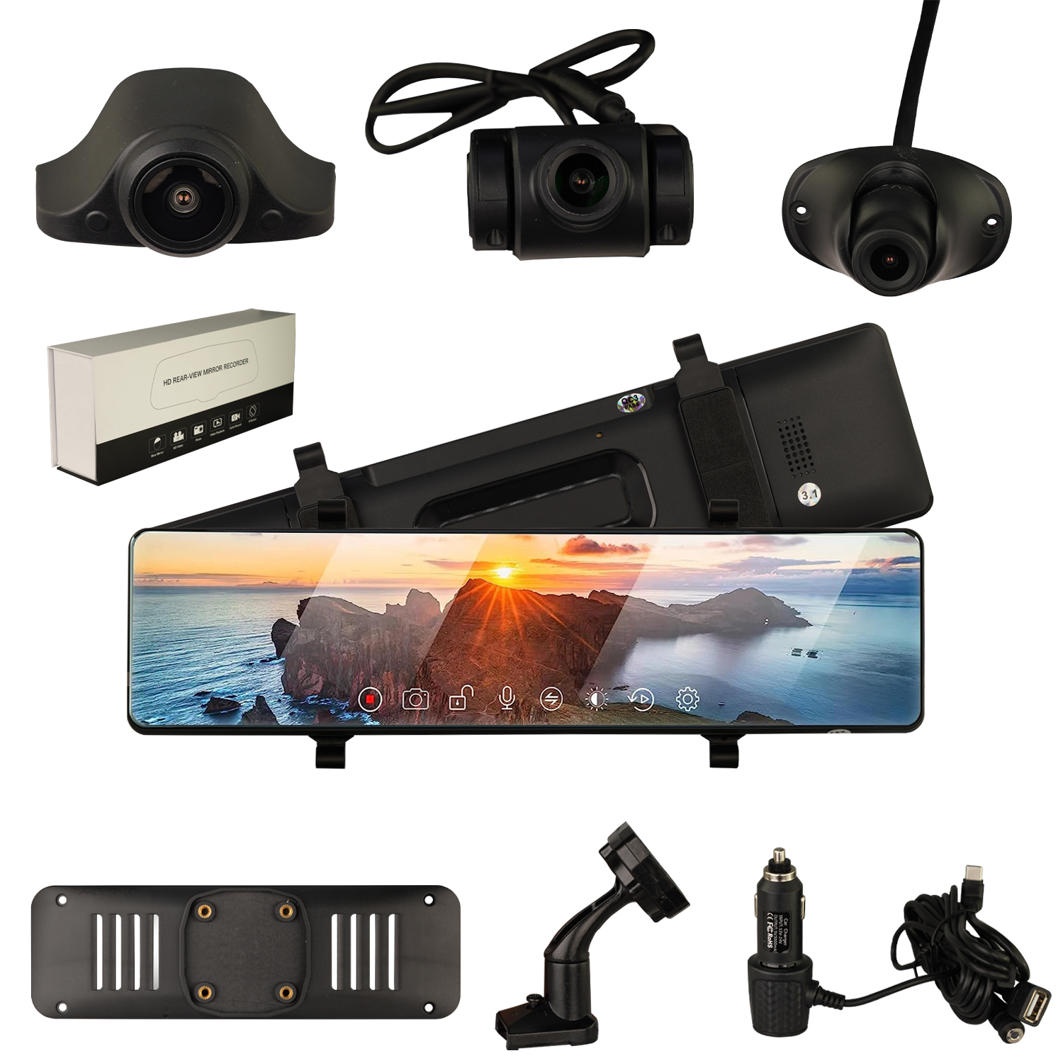 CARONIC CLAYTON 1136 HD Mirror Dash 3-way Backup Camera Recorder with Carplay/Android Auto