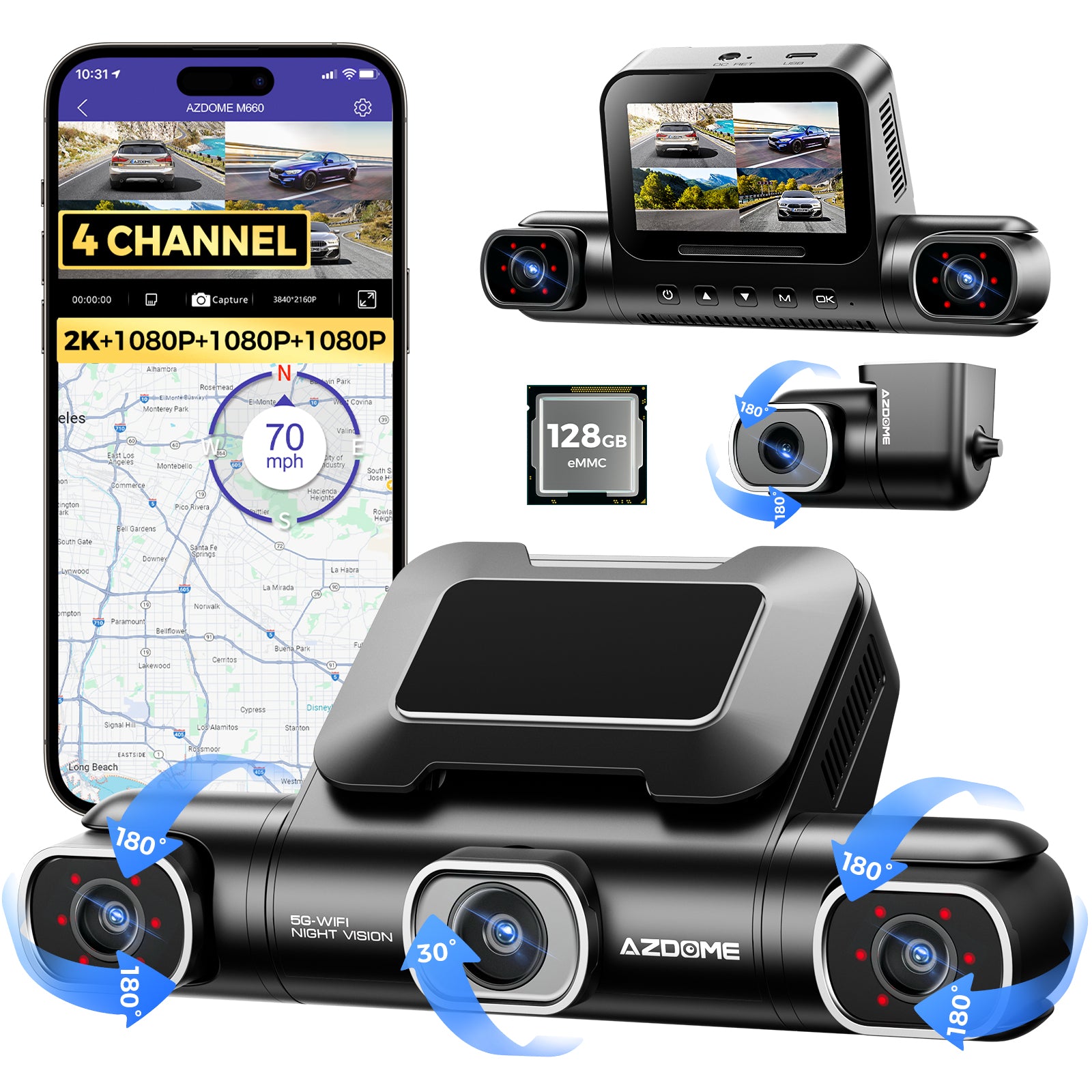 AZDOME AZDOME M660 4CH Dash Cam 2K with Smart Voice Control 128GB eMMC 24H Parking Mode