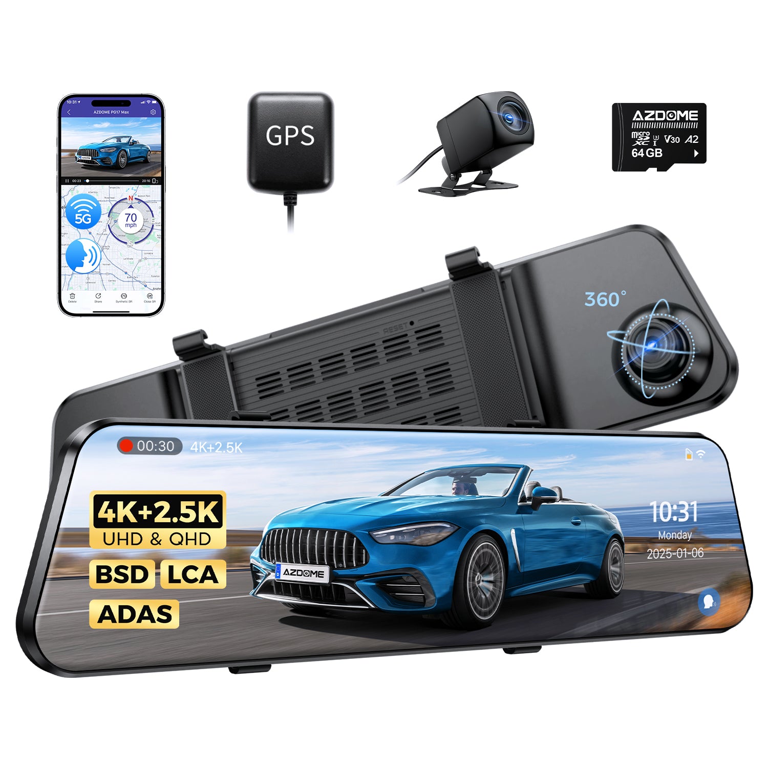 AZDOME AZDOME Mirror Dash Cam PG17 Max 4K+2.5K with ADAS, BSD and LCA, 12" Rear View Mirror...