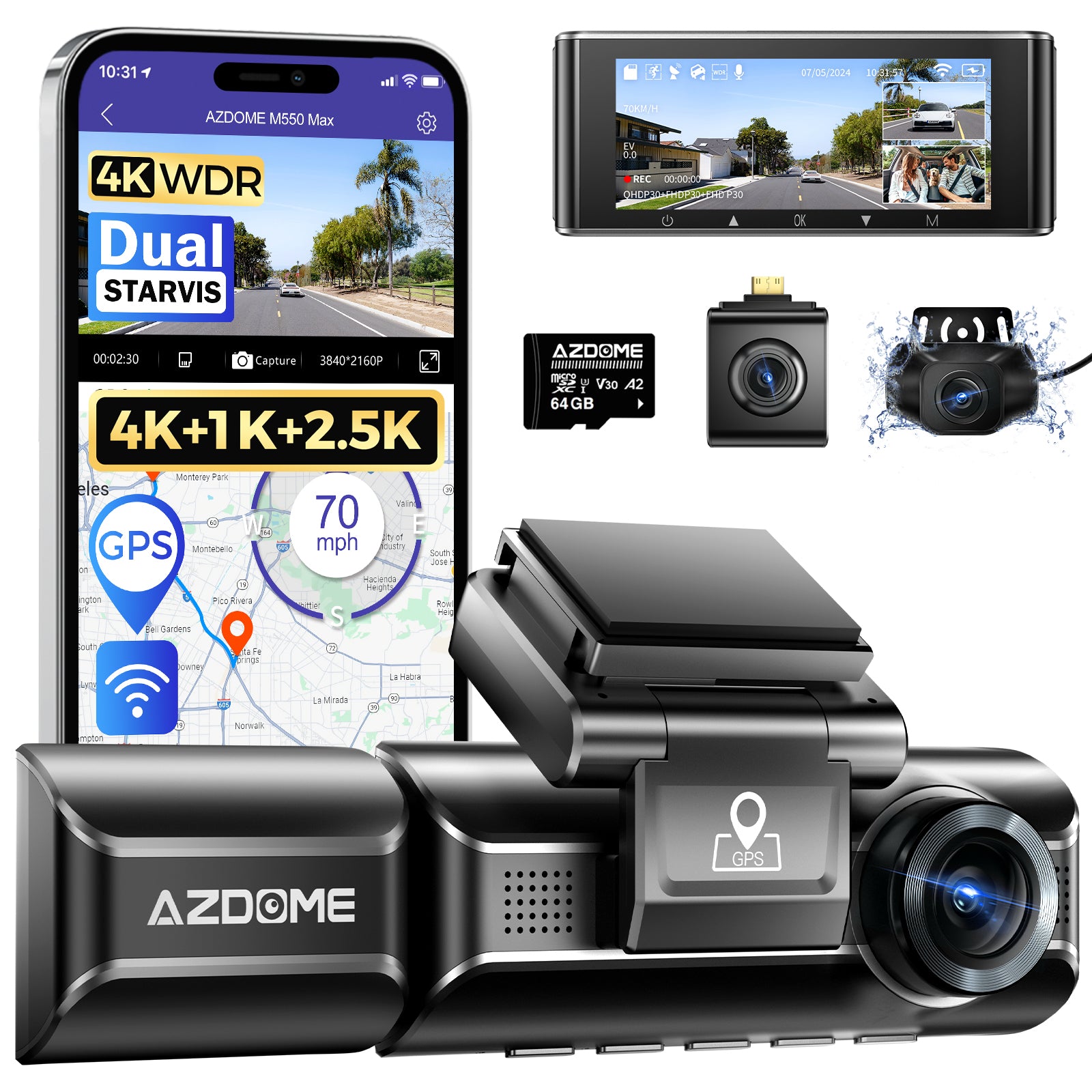 AZDOME AZDOME M550 Max 3CH Dash Cam 4K with 3.19" Screen WDR Night Vision 24H Parking Mode