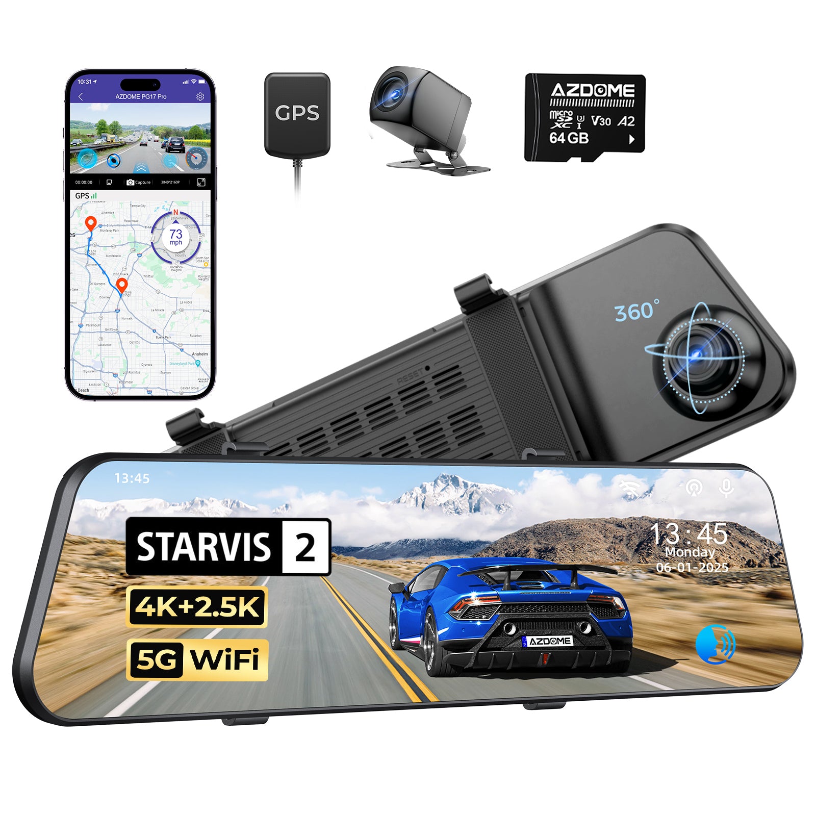 AZDOME AZDOME PG17 Pro 4K+2.5K Mirror Dash Cam with STARVIS 2 & 5G WiFi Rear View Mirror Camera,...