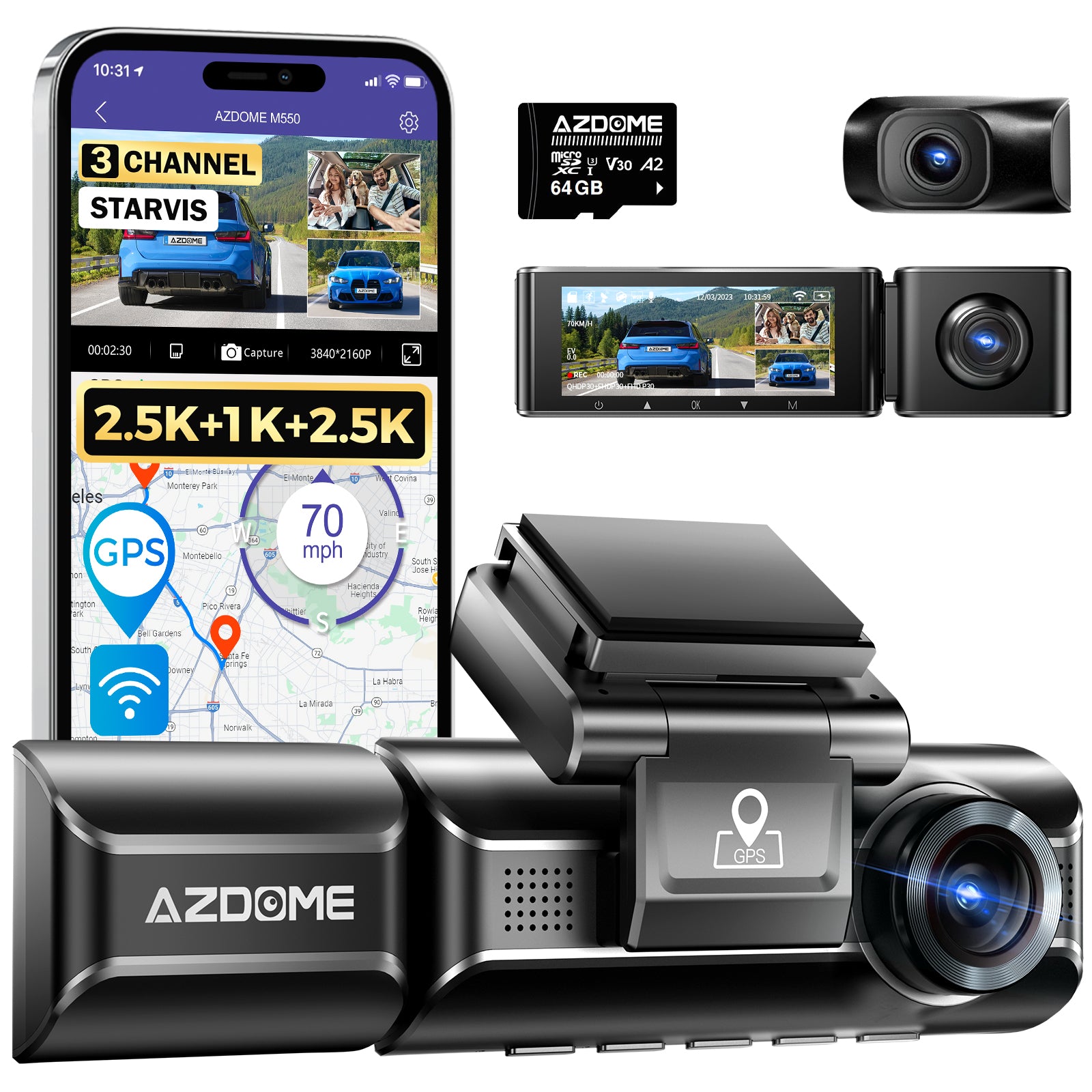 AZDOME AZDOME M550 3CH Dash Cam 4K with 3.19" Screen IR Night Vision 24H Parking Mode