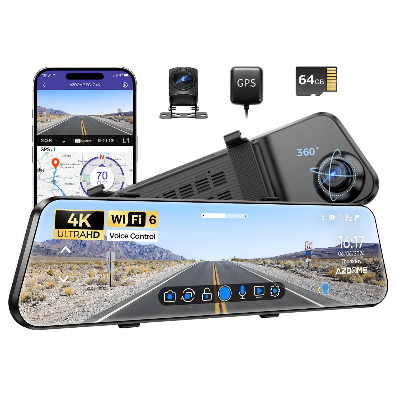 AZDOME PG17 2CH Mirror Dash Cam 4K with 12" Touch Screen 24H Parking Mode