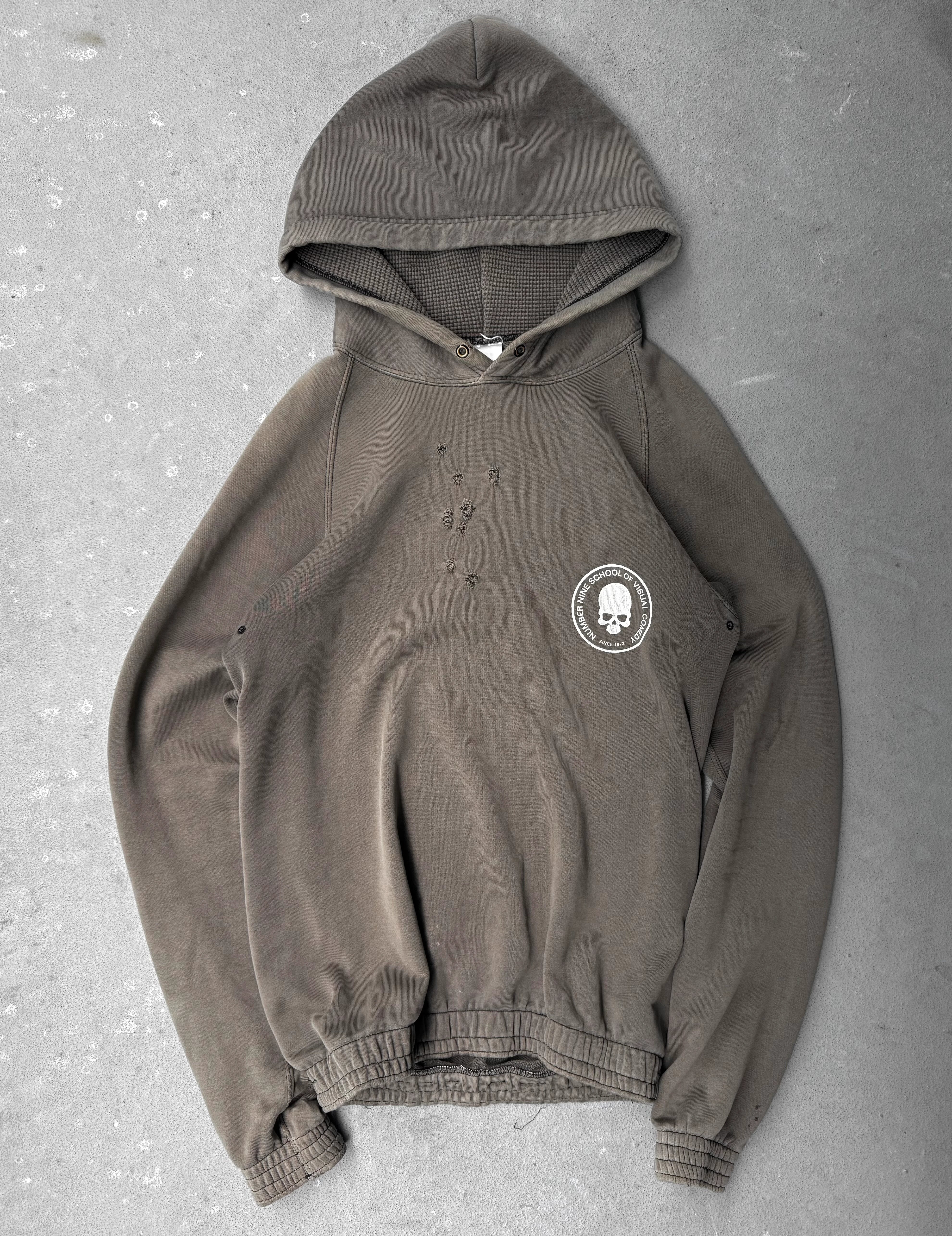 DRIEW GARMENTS Number (N)ine SS01 “Time Migration” Bull*t Holes ‘Schools of Visual Comedy’ Skull Hoodie