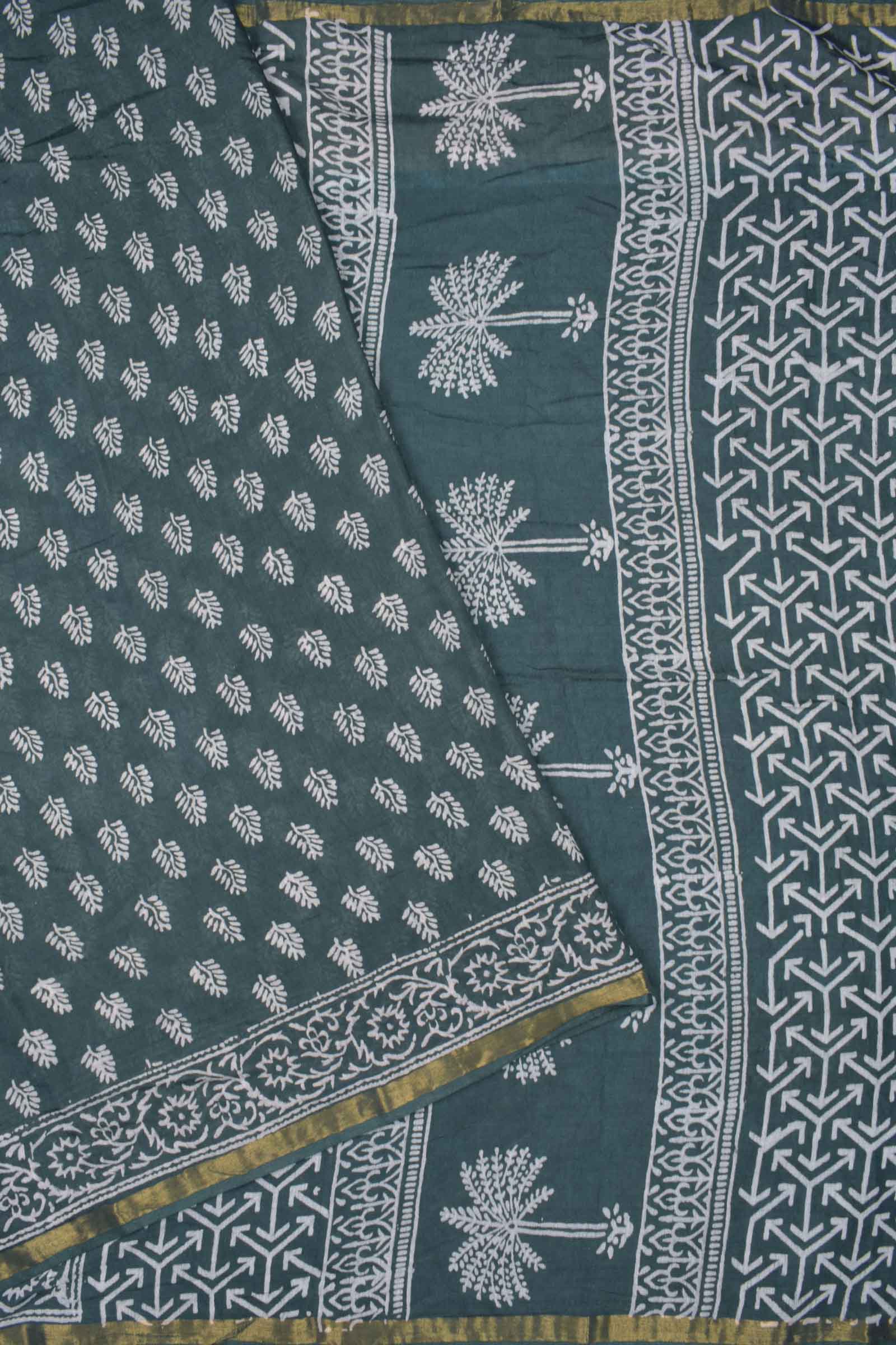 Naachiyars Dark Grey Chanderi Cotton Floral Leaves HandBlock Printed Saree