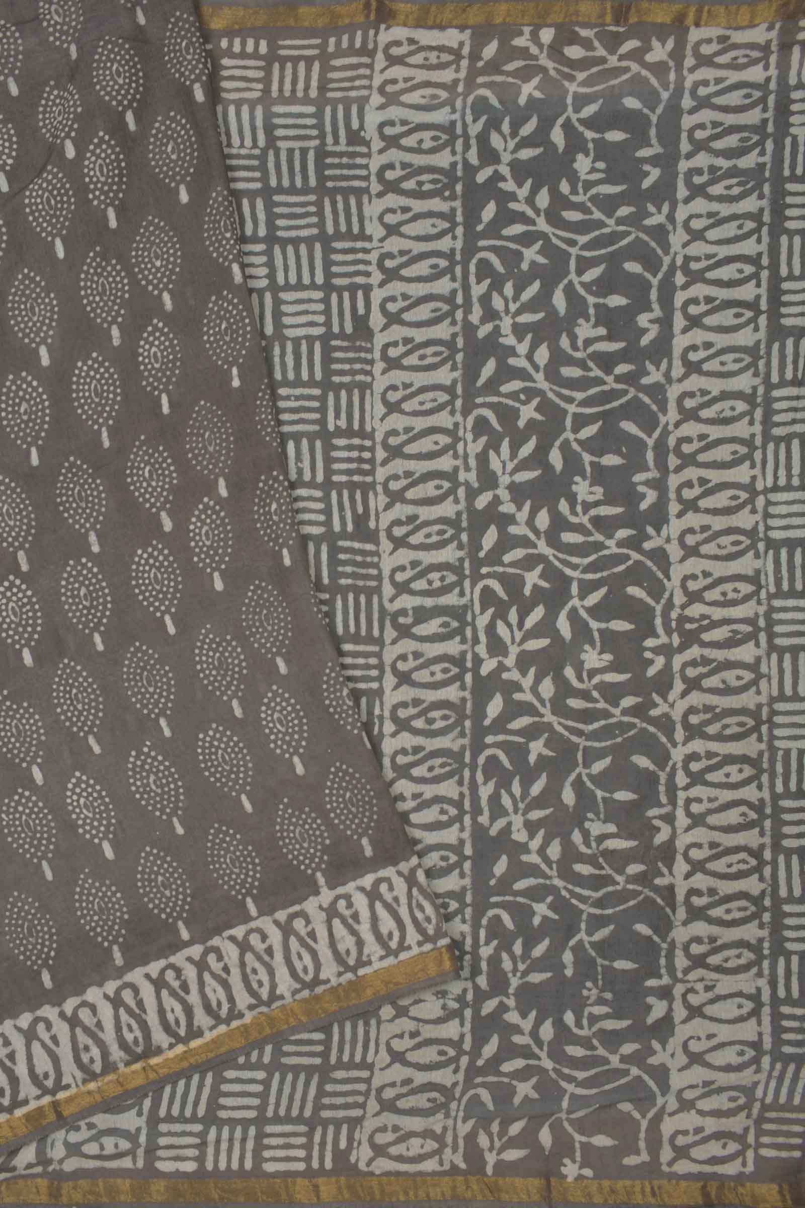 Naachiyars Grey Chanderi Cotton Tree HandBlock Printed Saree