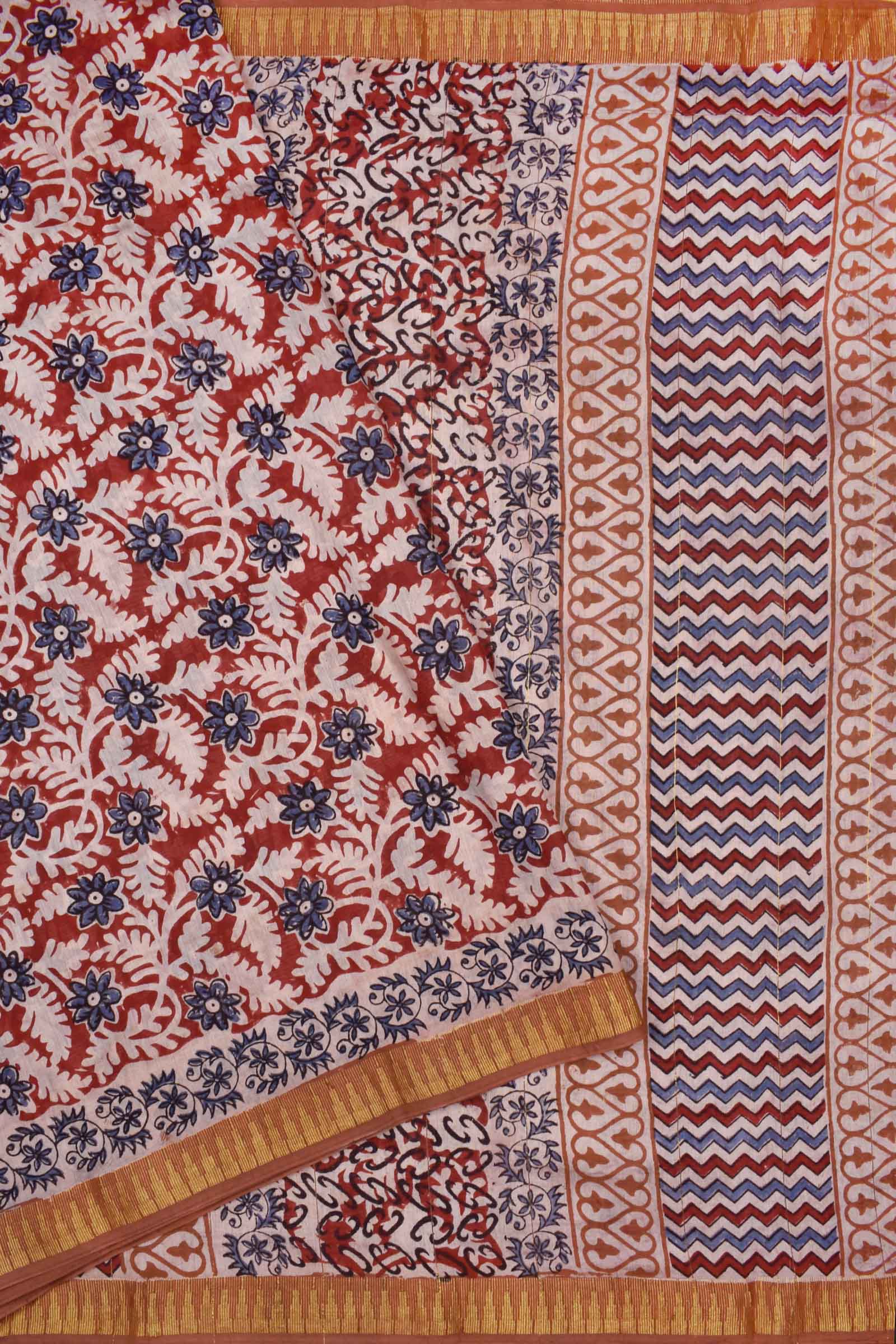 Naachiyars Maroon Chanderi Cotton All Over Floral HandBlock Printed Temple Border Saree