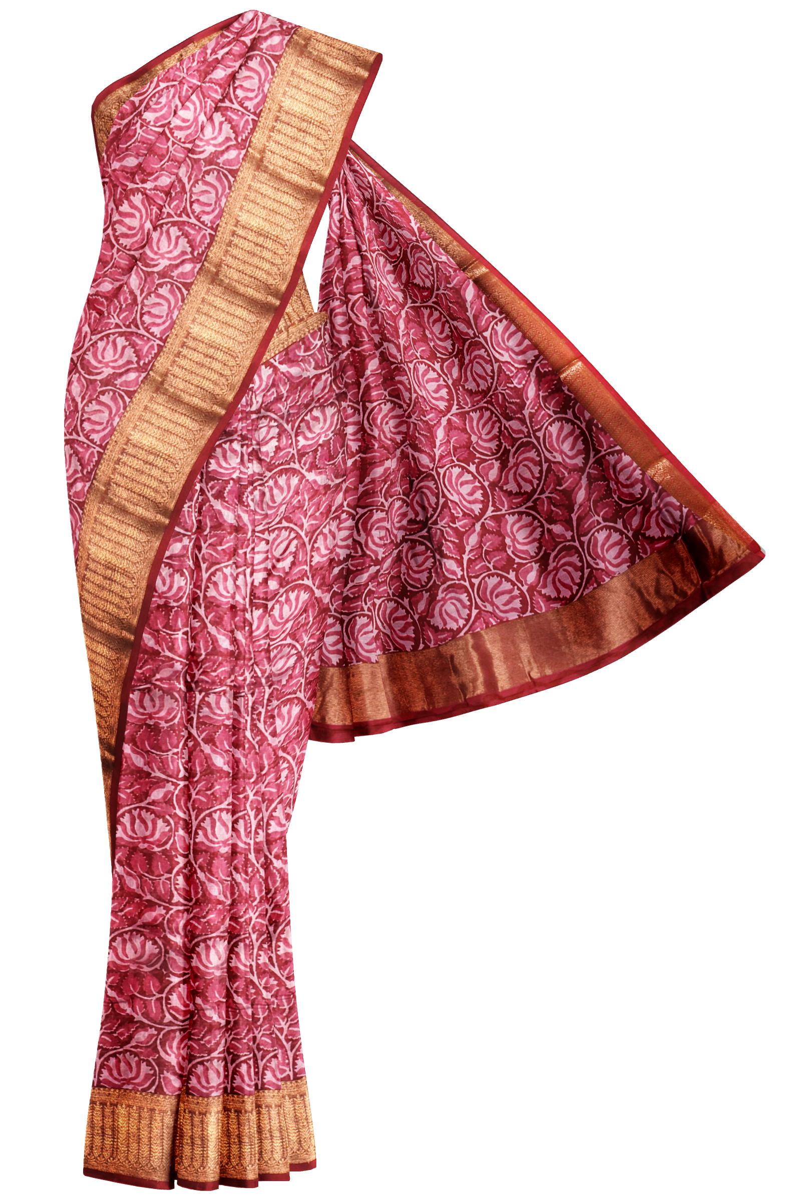 Naachiyars Red and Pink Chanderi Silk Cotton Lotus Garden Printed Saree