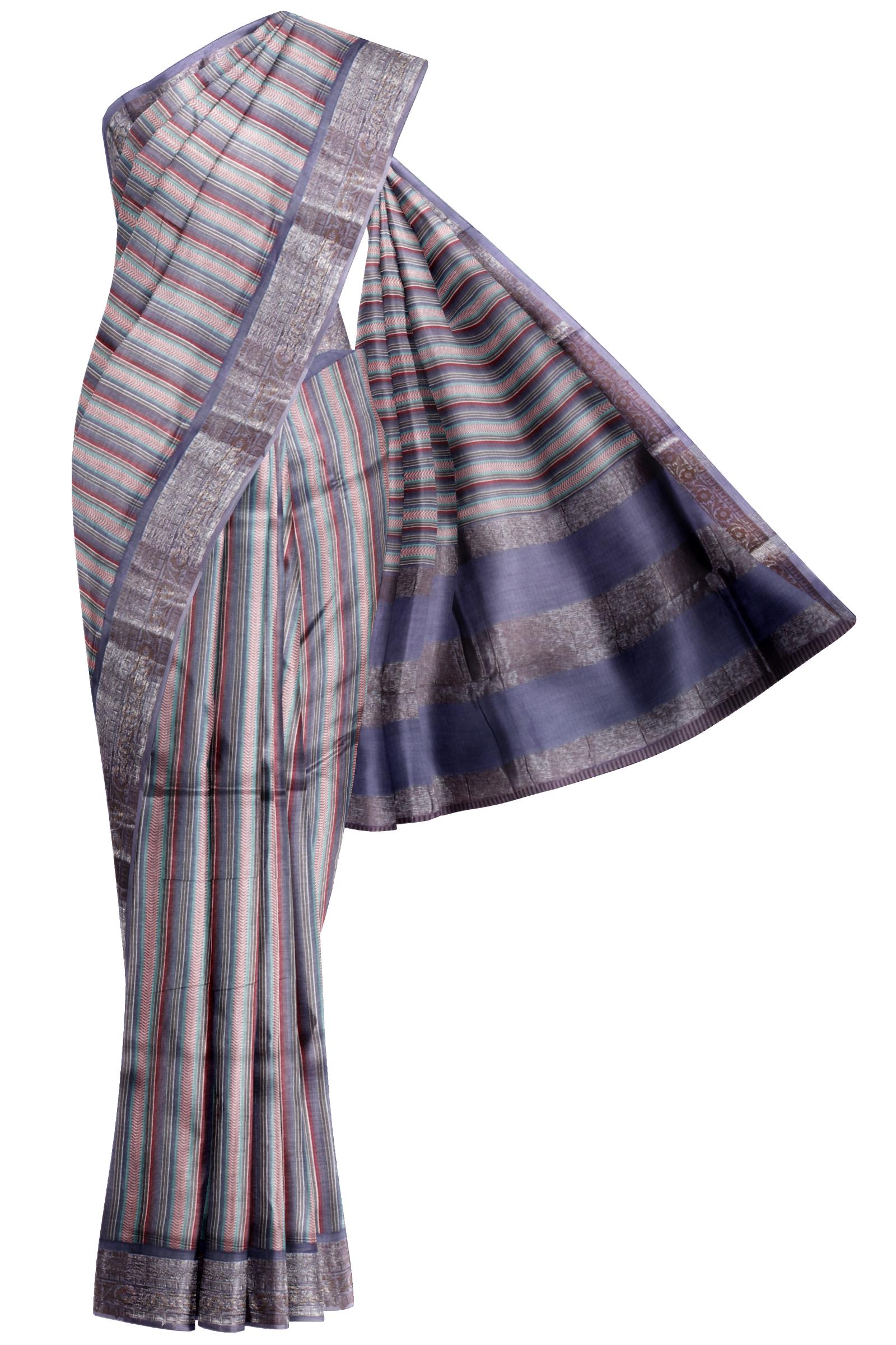 Naachiyars Violet Chanderi Silk Cotton Fancy Contrast Stripes Banaras Border Saree
