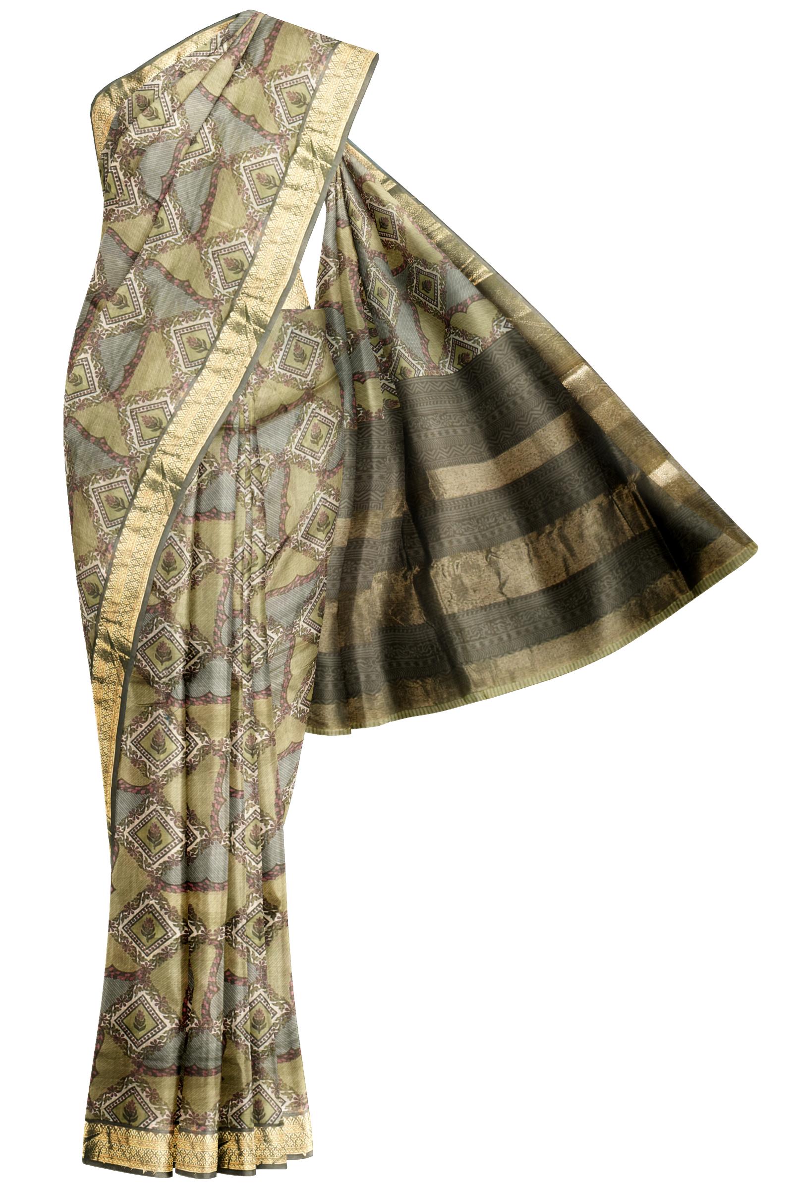 Naachiyars Light Green Chanderi Silk Cotton Geometrical Designs Printed Saree