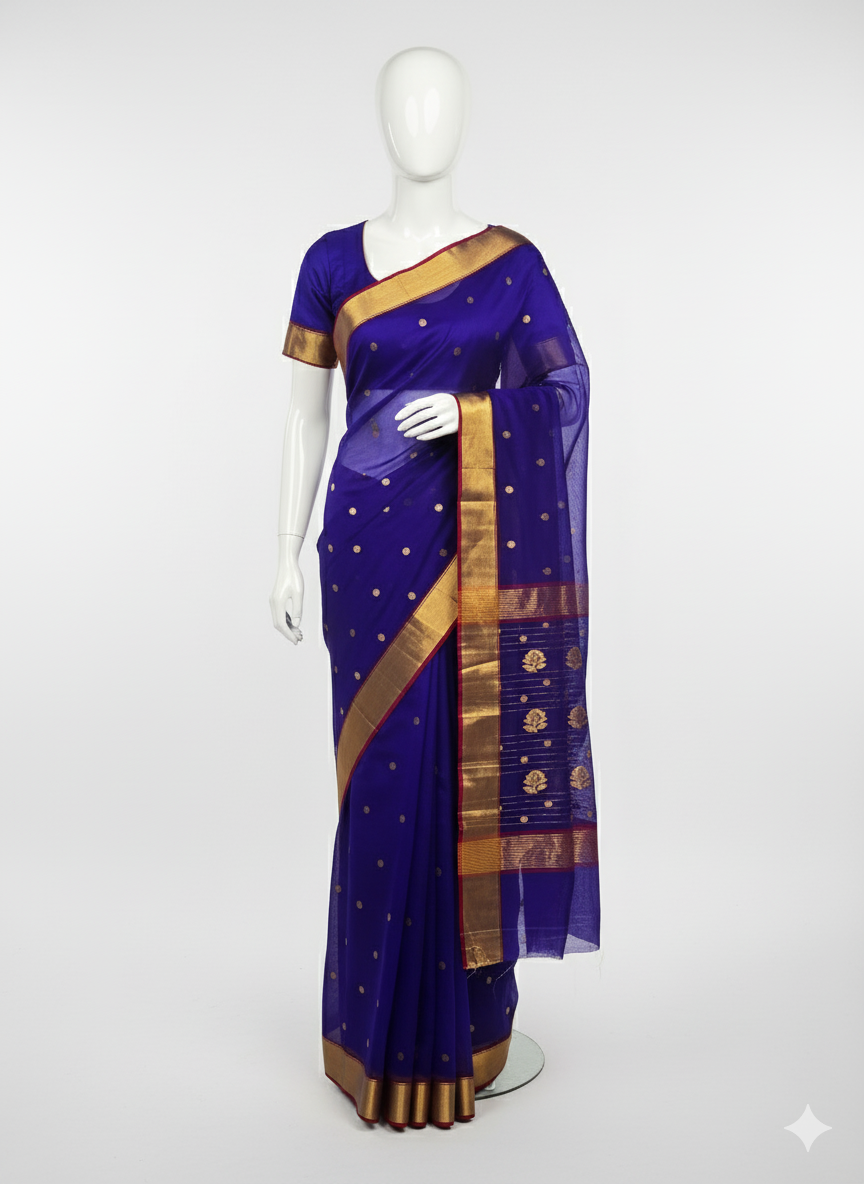 Chanderi saree wala Traditional Blue Chanderi Silk Saree with Gold Motifs