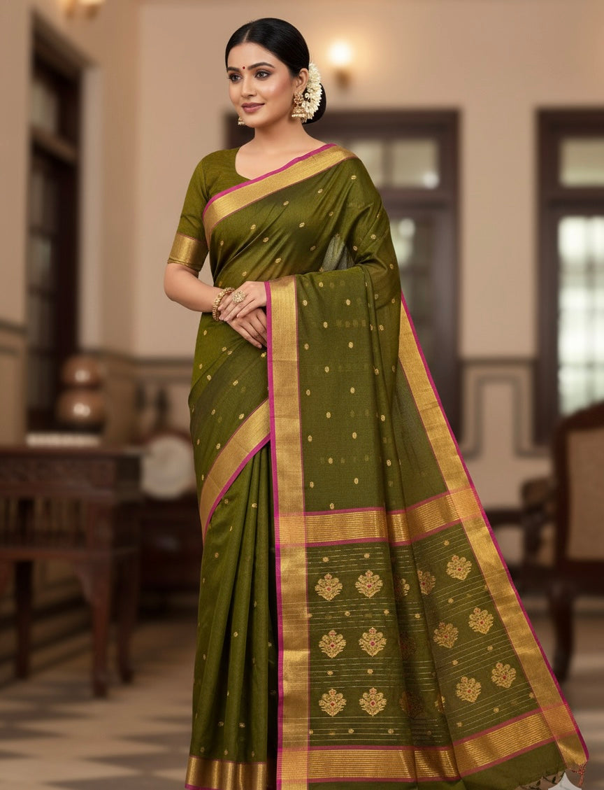 Chanderi saree wala Olive Green Chanderi Katan Silk Saree with Gold Zari