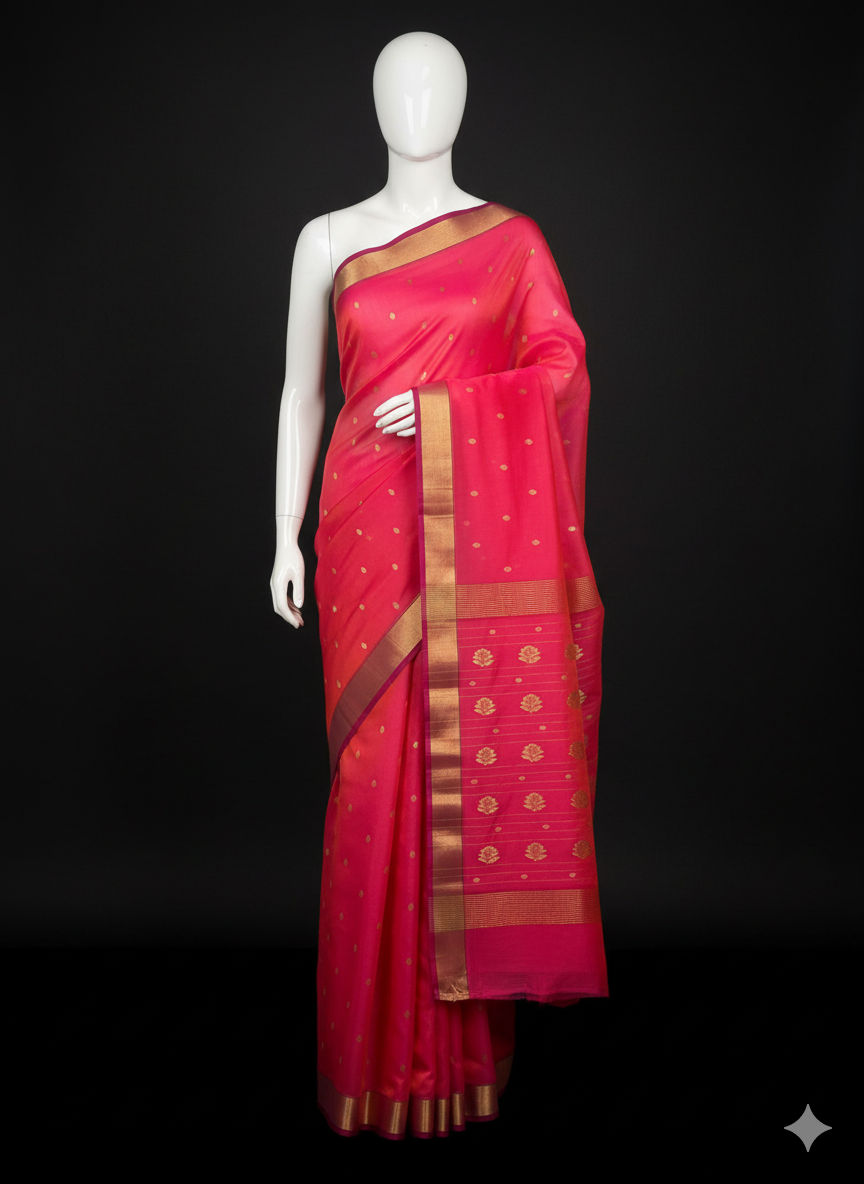 Chanderi saree wala Radiant Pink Chanderi Silk Saree with Golden Accents