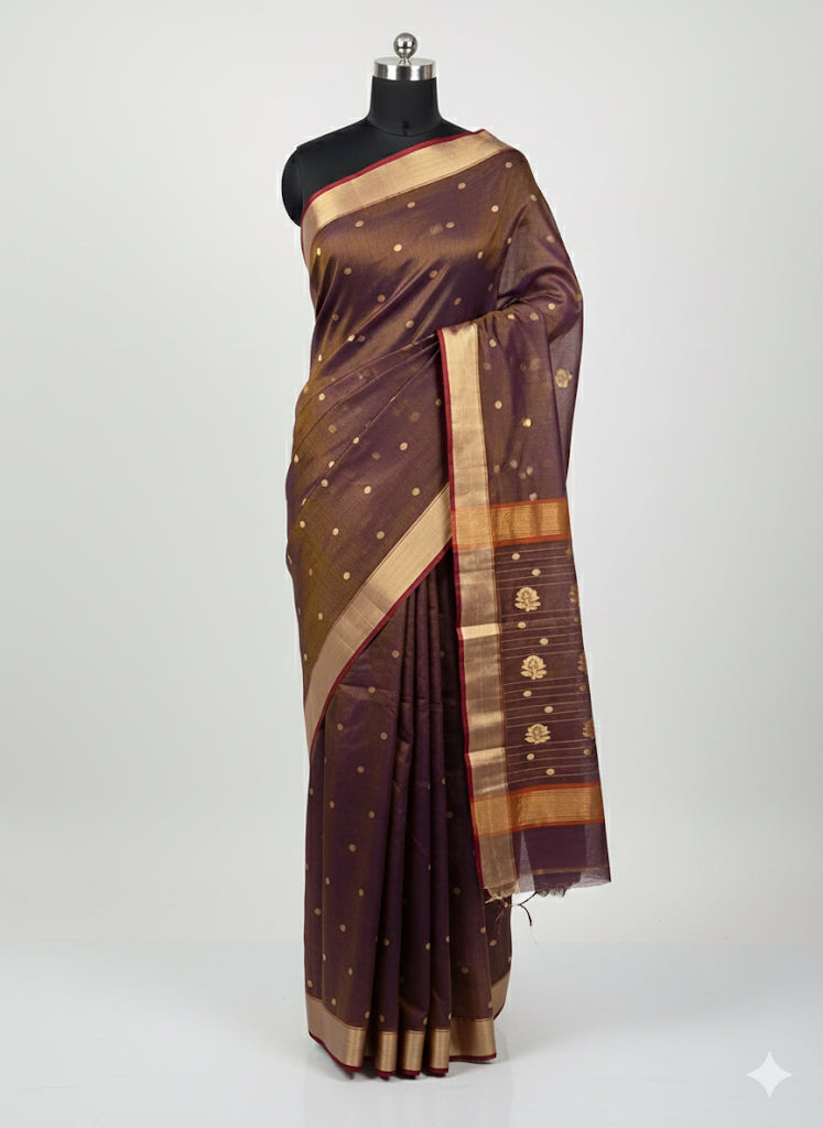 Chanderi saree wala Handwoven Brown Chanderi Silk Saree – Golden Motif