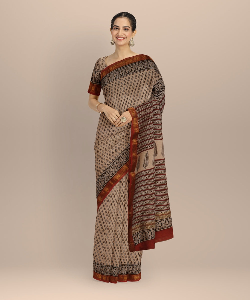 Crafting Change - Mohd Azhar Beige black cotton silk chanderi block print saree
