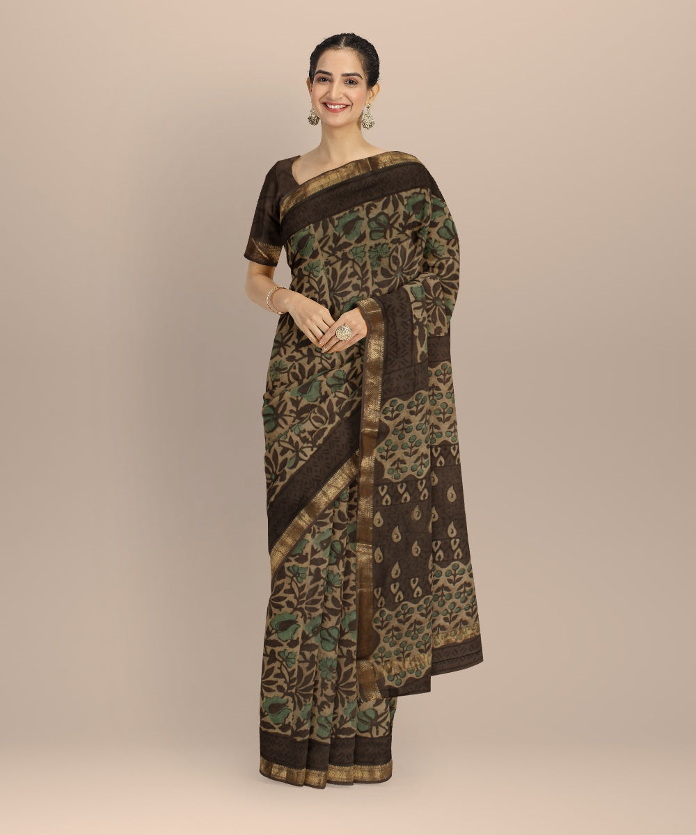 Crafting Change - Mohd Azhar Beige brown block printed cotton silk chanderi saree