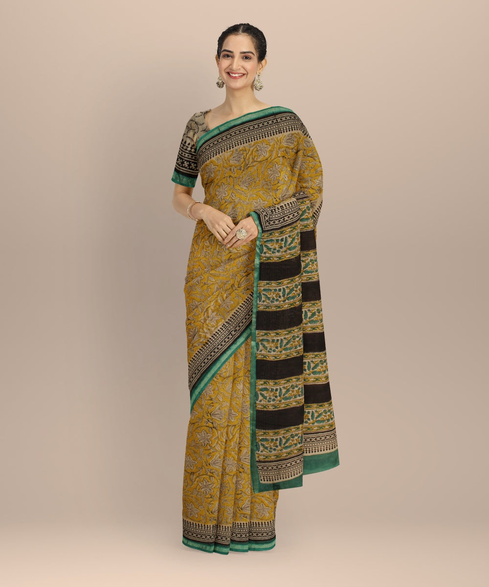Crafting Change - Mohd Azhar Yellow green block print cotton silk chanderi saree