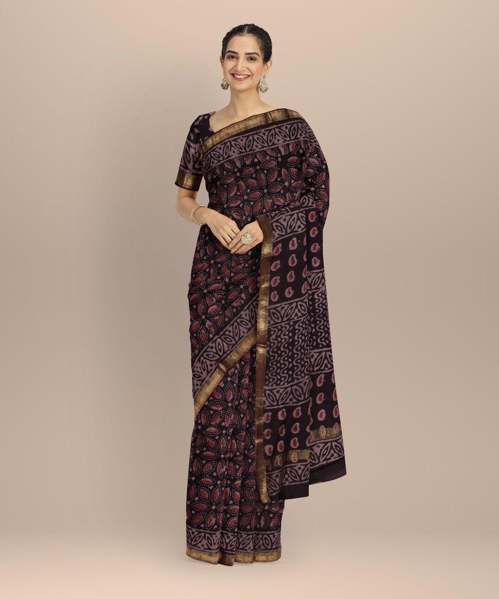 Crafting Change - Mohd Azhar Black red block print cotton silk chanderi saree