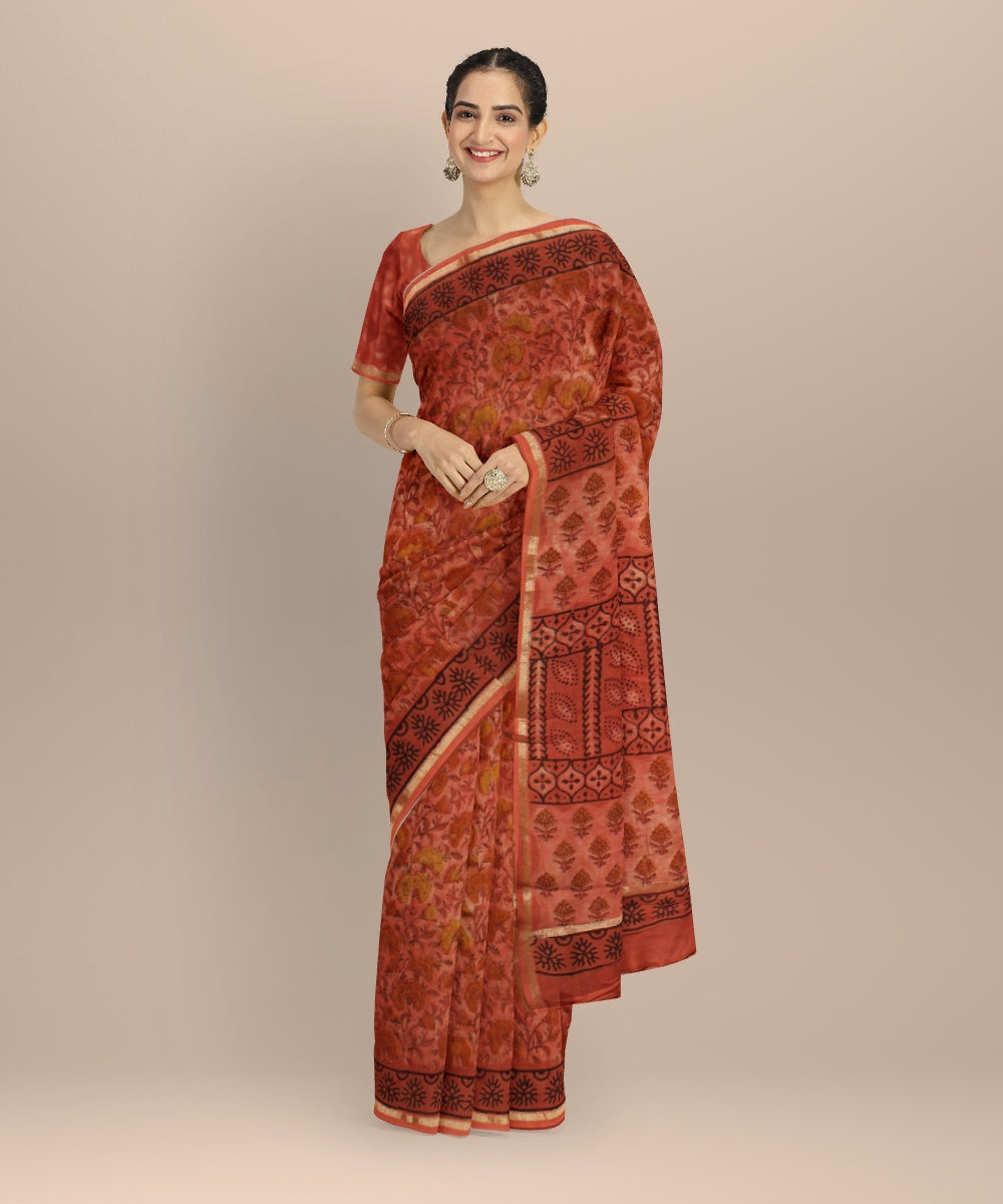Crafting Change - Mohd Azhar Beige pink chanderi block print cotton silk saree