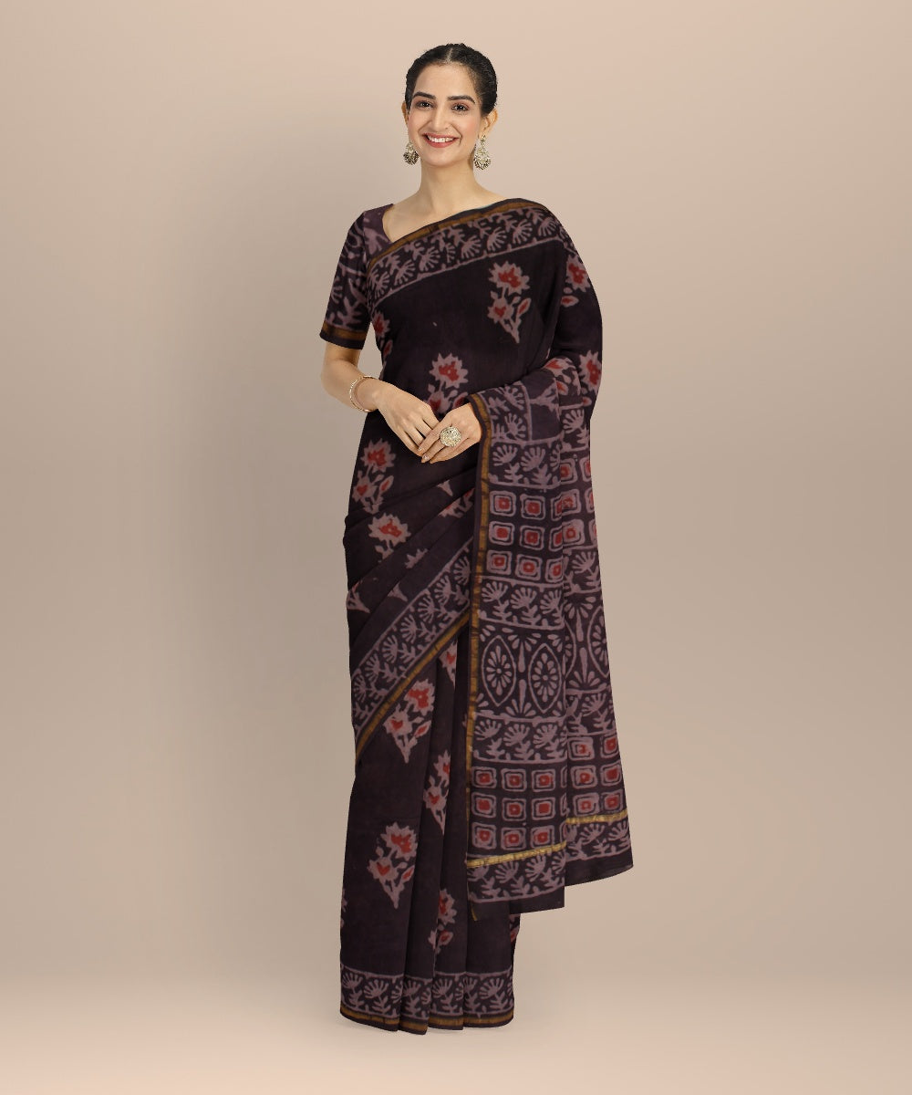 Crafting Change - Mohd Azhar Black red cotton silk chanderi block print saree