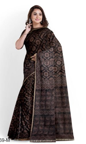 Alankaran Designs Brown floral Block Printed Chanderi Saree