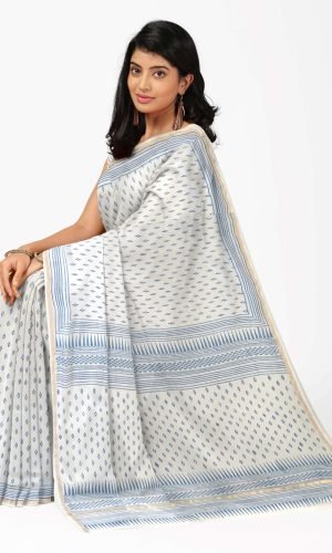 Elegant White & Blue Booti Design Hand block Printed Chanderi Saree