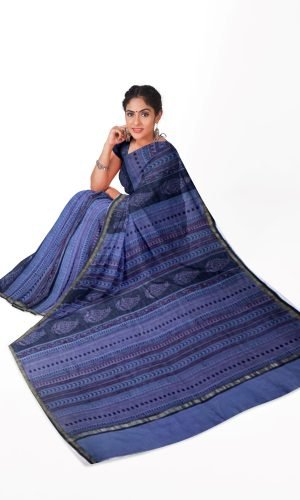 Grey Bherongarhi Design Handblock Printed Chanderi Saree
