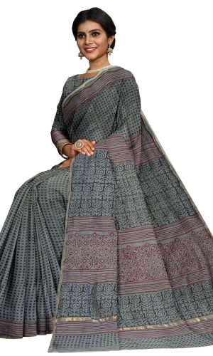 Grey Booti Design Handblock Printed Chanderi Saree