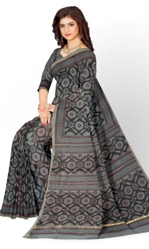 Grey Floral Design Handblock Printed Chanderi Saree