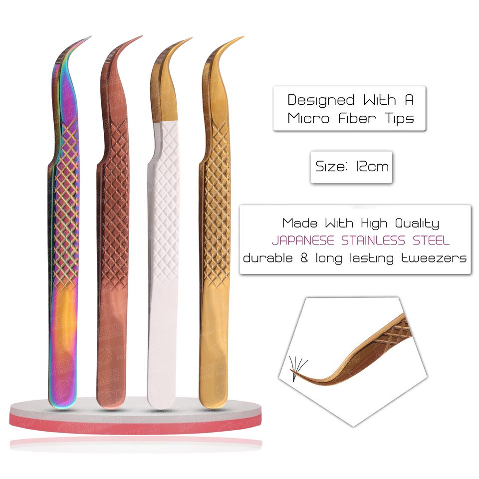 Fiber Tip Lash Tweezer 12cm Stainless Steel Eyelash Extension Tool Anti-Slip Grip Fine Curved Tip for Classic & Volume Lashing