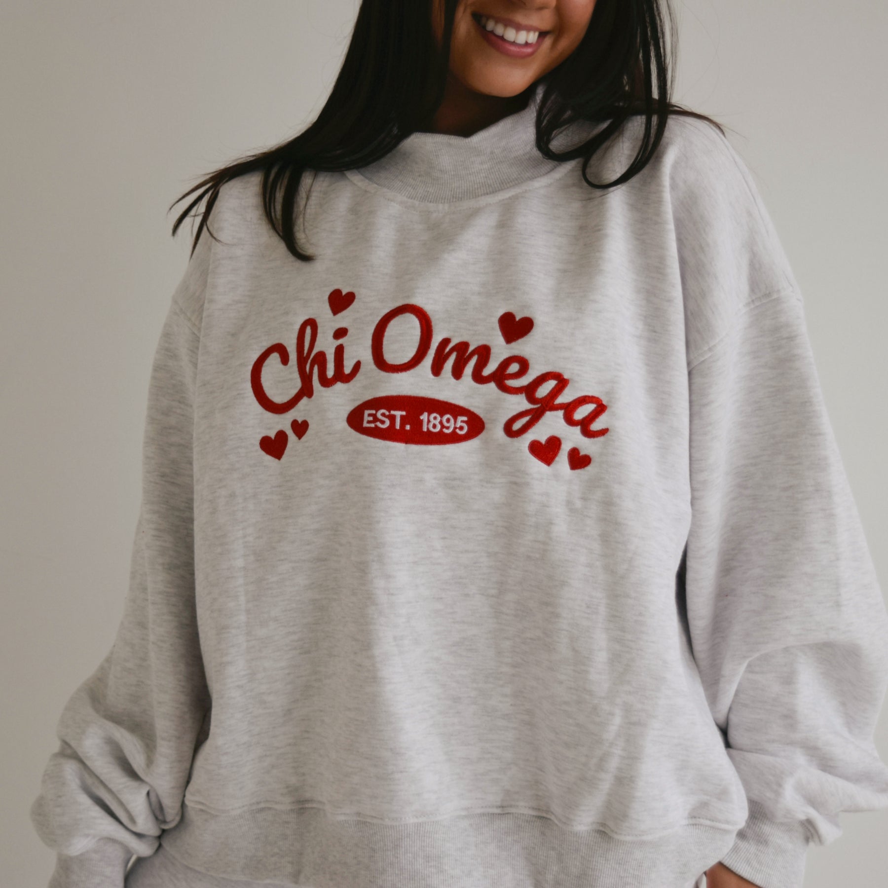 The Letter Market HEARTS SURROUNDED ASH GREY SORORITY MOCKNECK