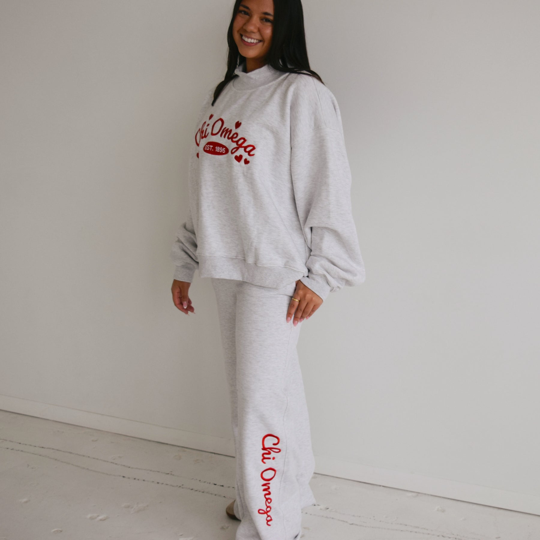 The Letter Market HEARTS SURROUNDED EMBROIDERED ASH GREY SORORITY SWEATS