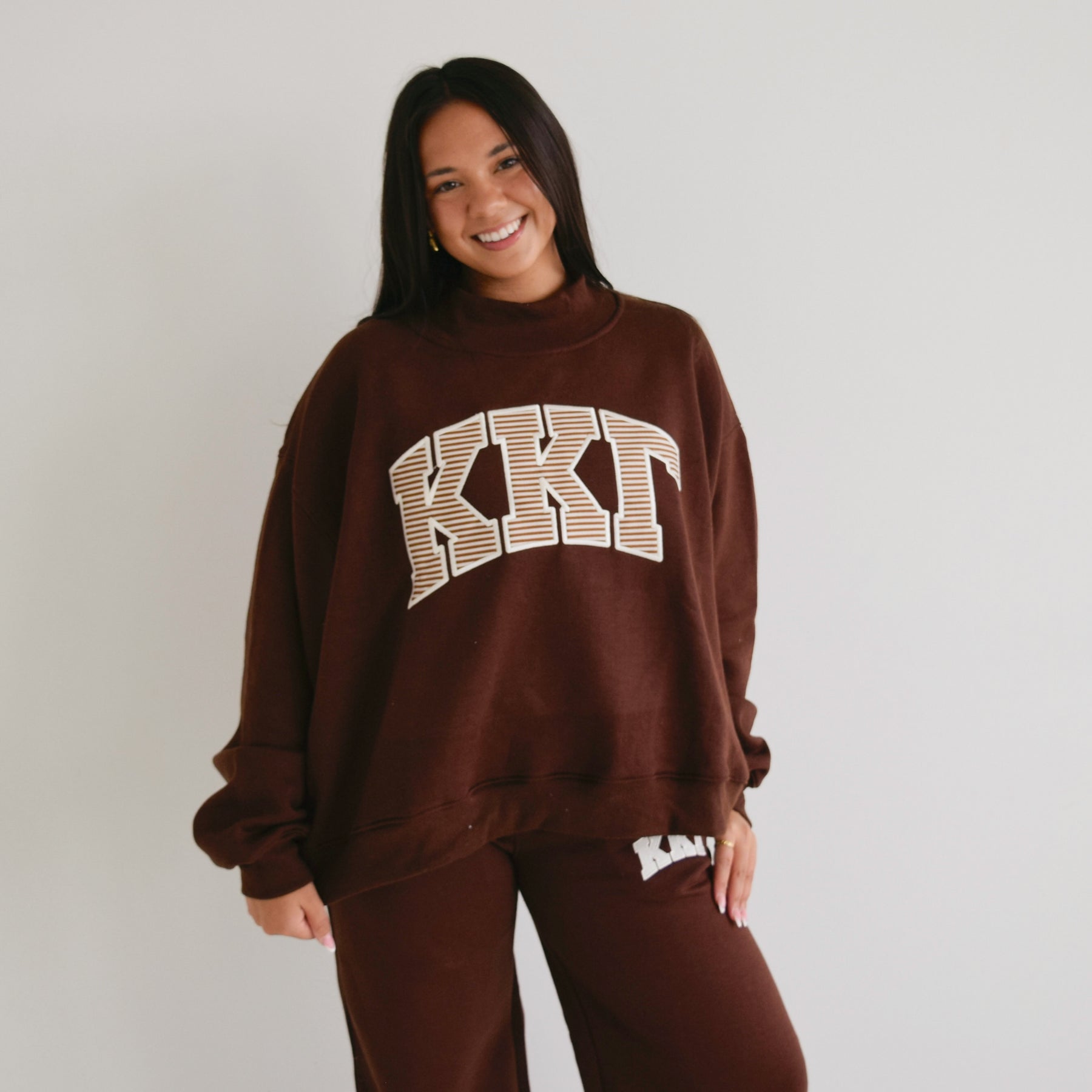 The Letter Market STRIPED CHOCOLATE + IVORY EMBROIDERED SORORITY MOCKNECK