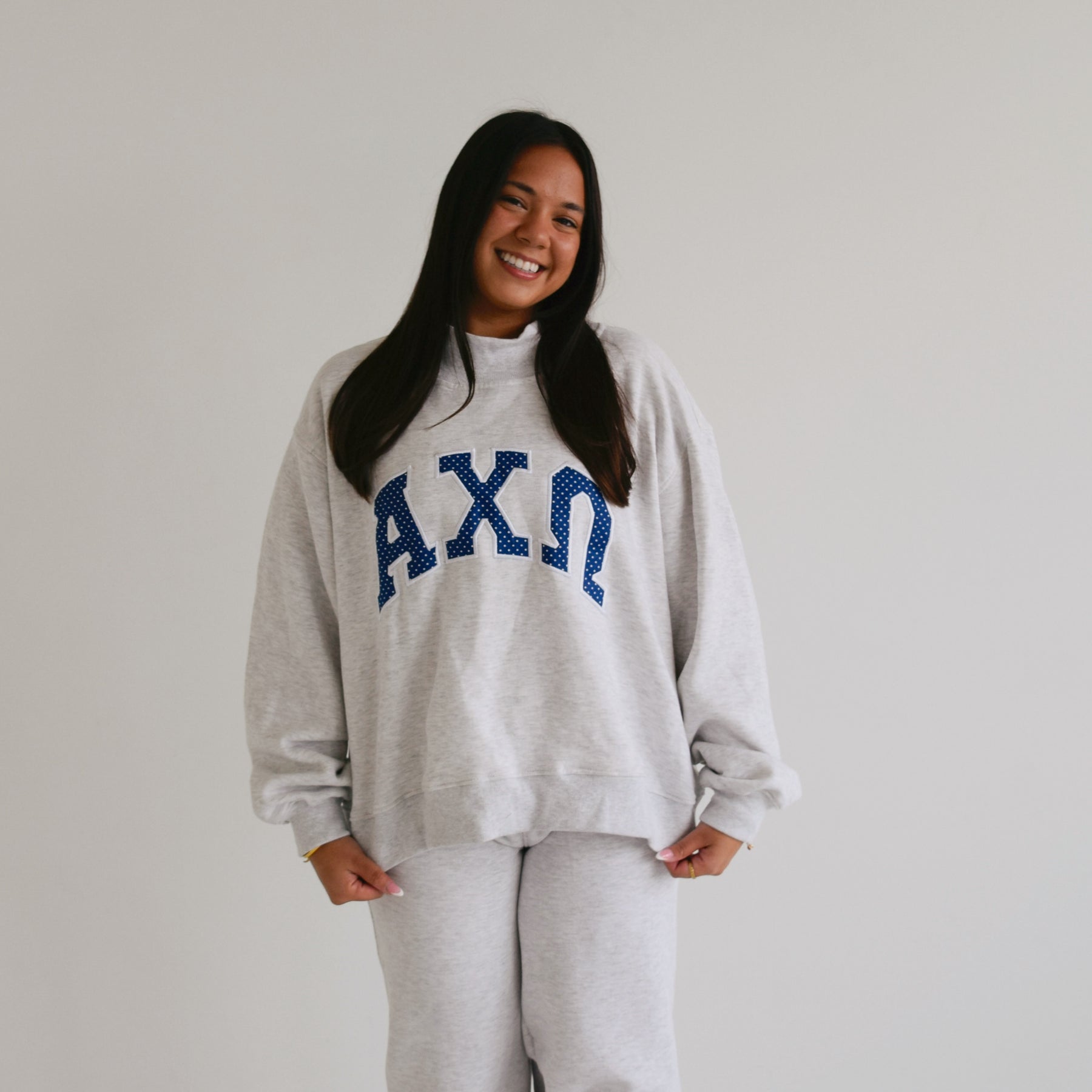 The Letter Market SORORITY EMBROIDERED ASH GREY POLKA DOT PATCHWORK MOCKNECK