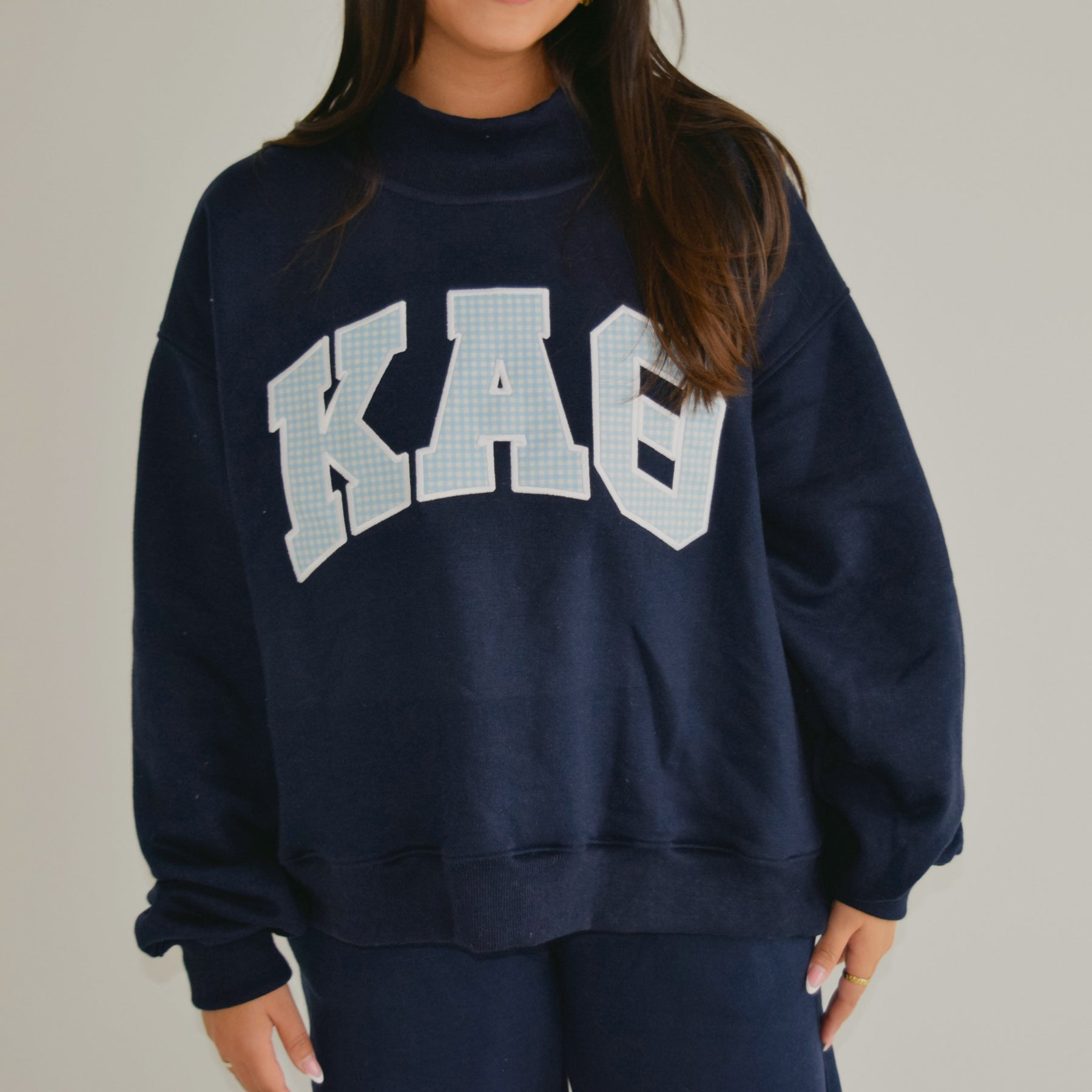 NAVY + BABY BLUE GINGHAM EMBROIDERED SORORITY MOCKNECK