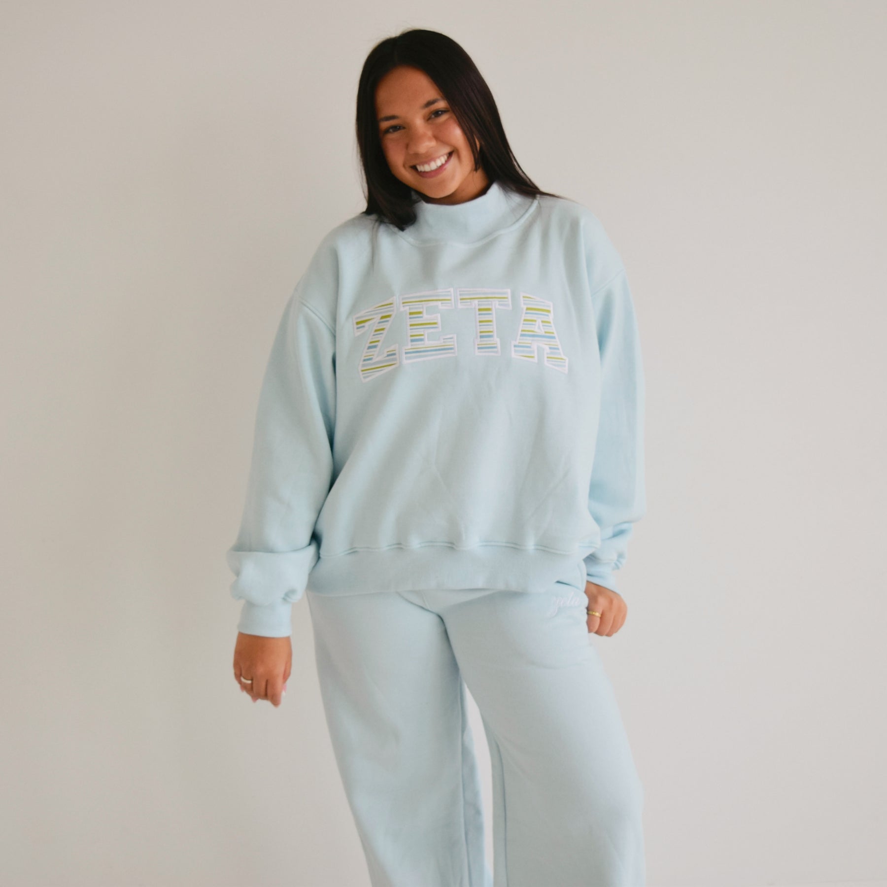 STRIPED OCEAN BLUES EMBROIDERED SORORITY MOCKNECK