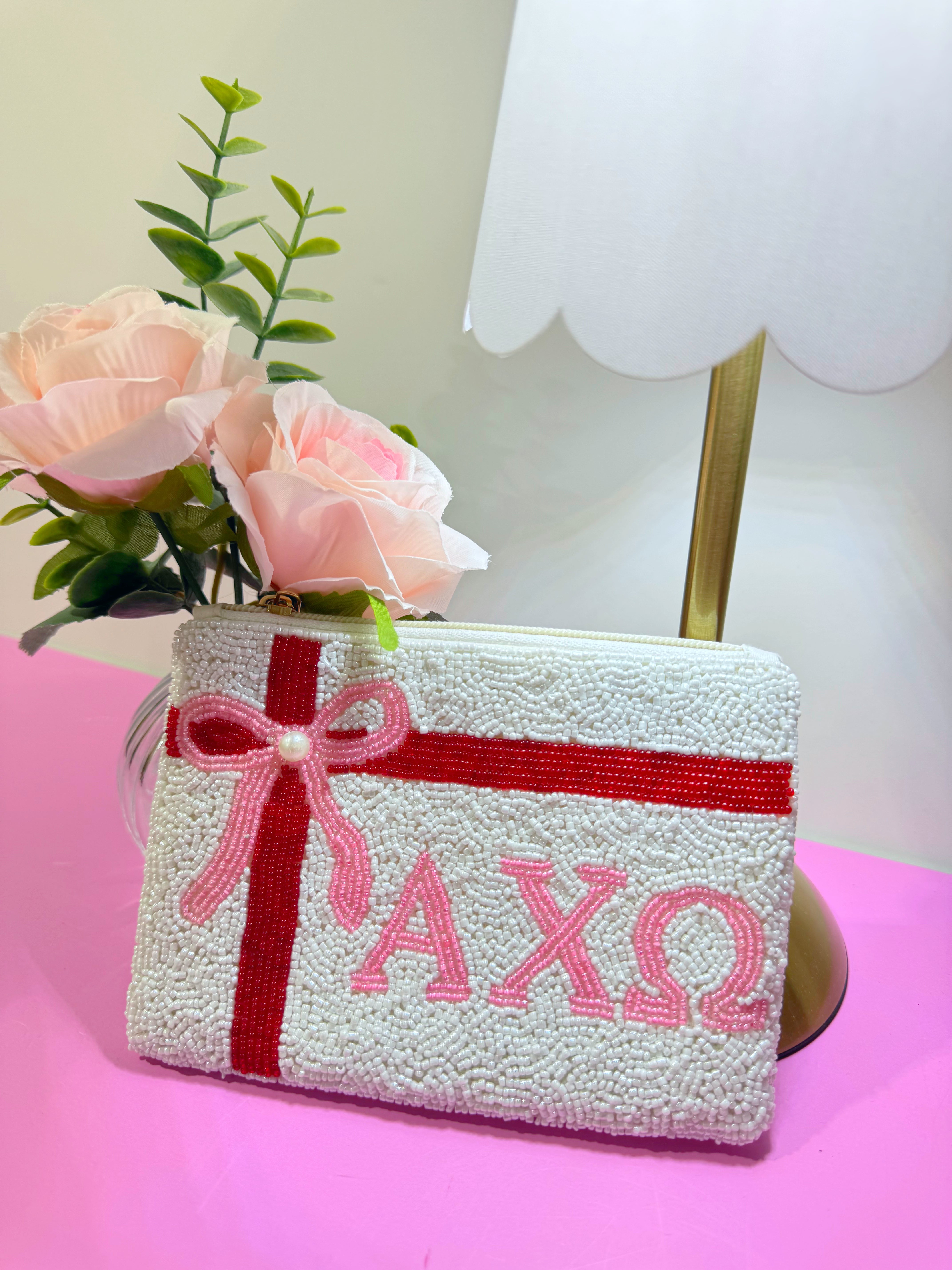 Alpha Chi Omega Bow Beaded Coin Purse
