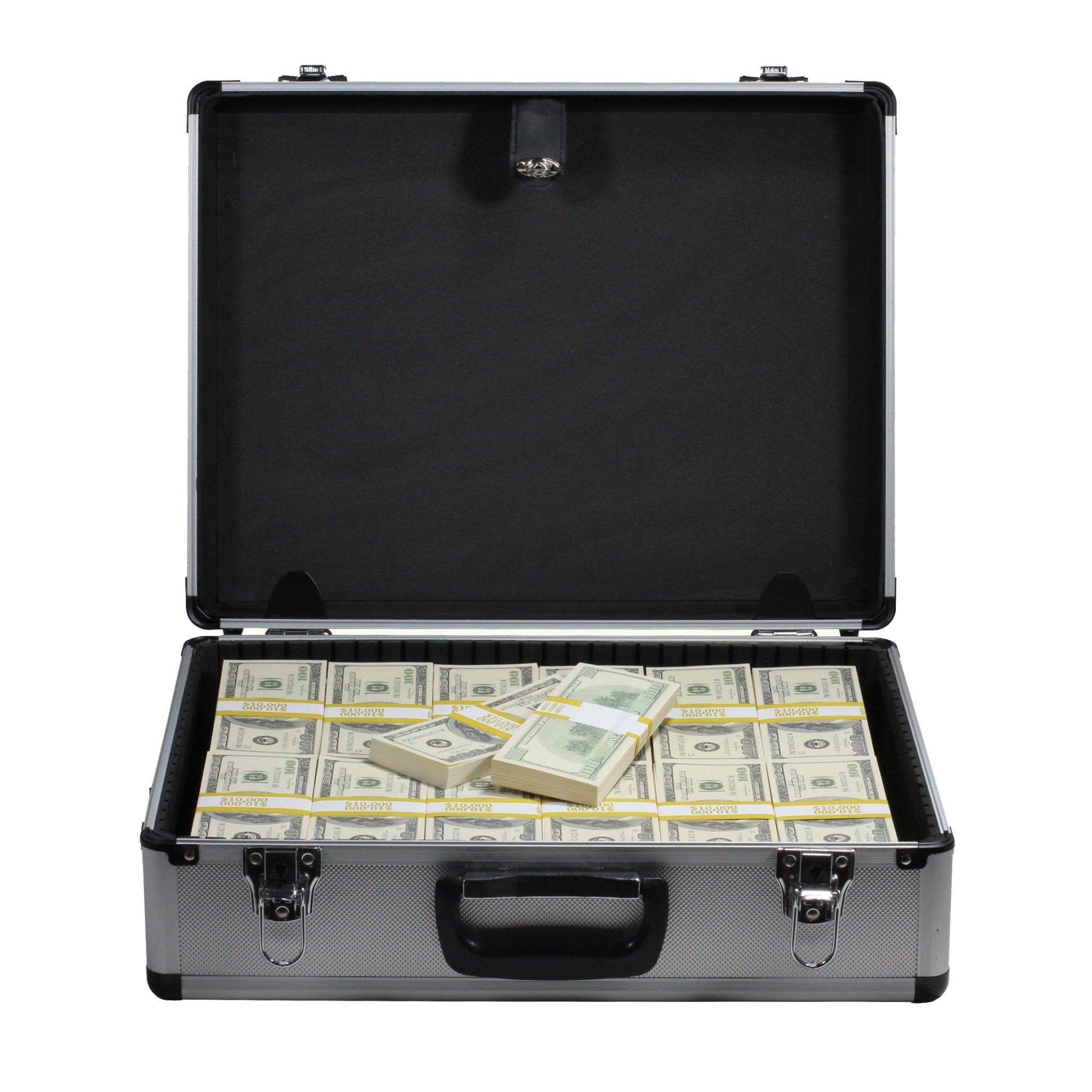 Prop Movie Money 2000 Series $750,000 Full Print Stacks with Silver Aluminum Case