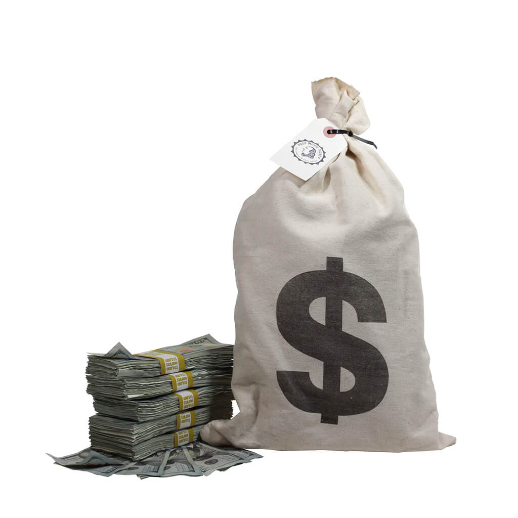 Prop Movie Money New Series $50,000 Aged Full Print Stacks with Money Bag
