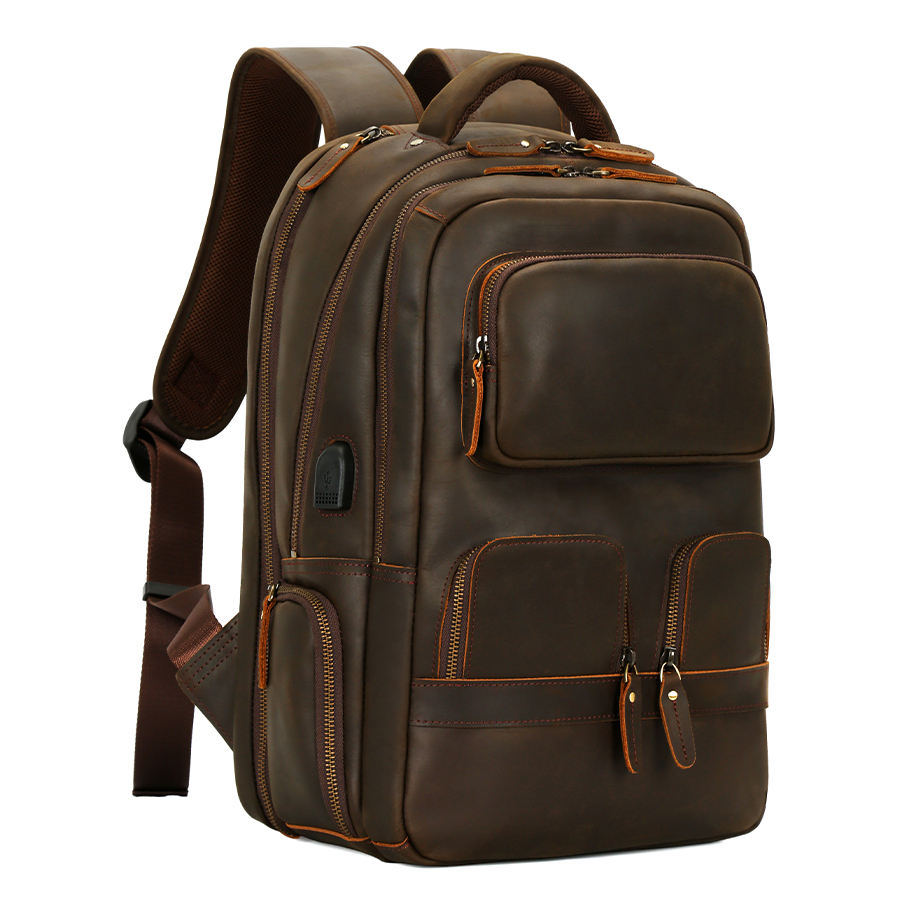Vintage USB Cowhide Business Outdoor Waterproof Travel Genuine Crazy Horse Leather Custom Vintage Laptop Backpack for Men