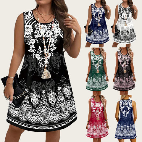 Vintage Summer Sleeveless Polyester Spandex Plus Size Women's Fashion Vest Printed Midi Dress Cross-Border European American