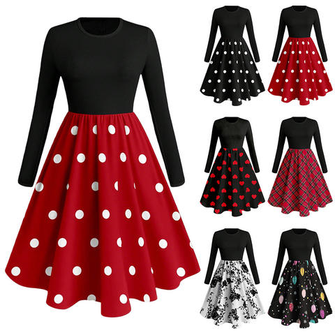 Cross-border Plus Size Women's Vintage Hepburn Style Empire Waist Autumn Color Contrast Printed Polka Dot A-line Long Sleeve