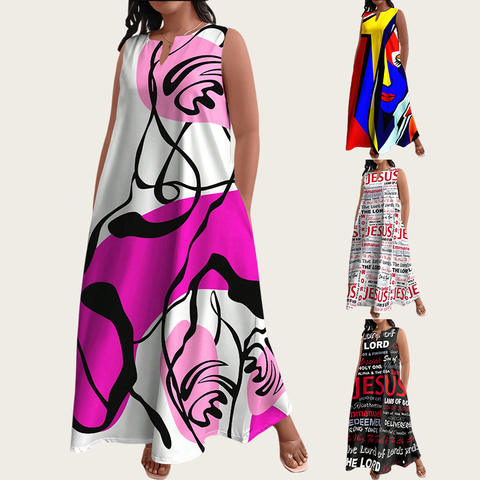 Cross-border European American Women's Summer Streetwear New Fashion English Printed Long Dress Pullover V-neck Sleeveless Loose